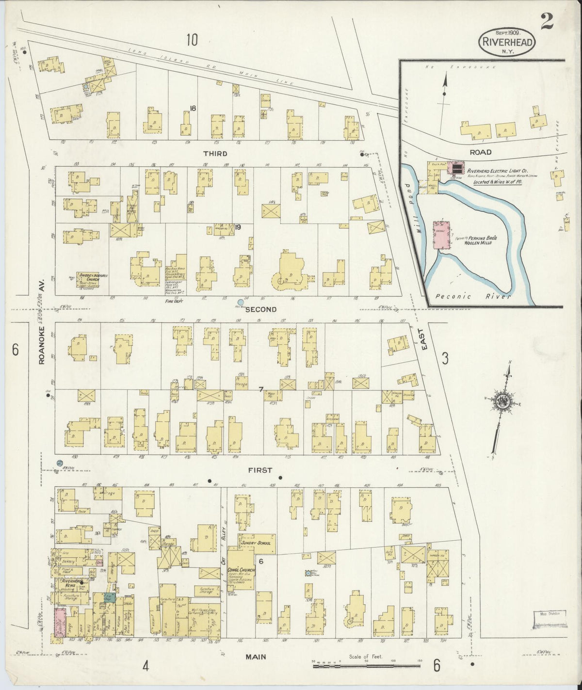 Sanborn Fire Insurance Map from Riverhead, Suffolk County, New York (1909), Sheet #0002 - Historic Sanborn Fire Insurance Map Print, vintage old map wall art, antique decor, genealogy gift, New York New York map