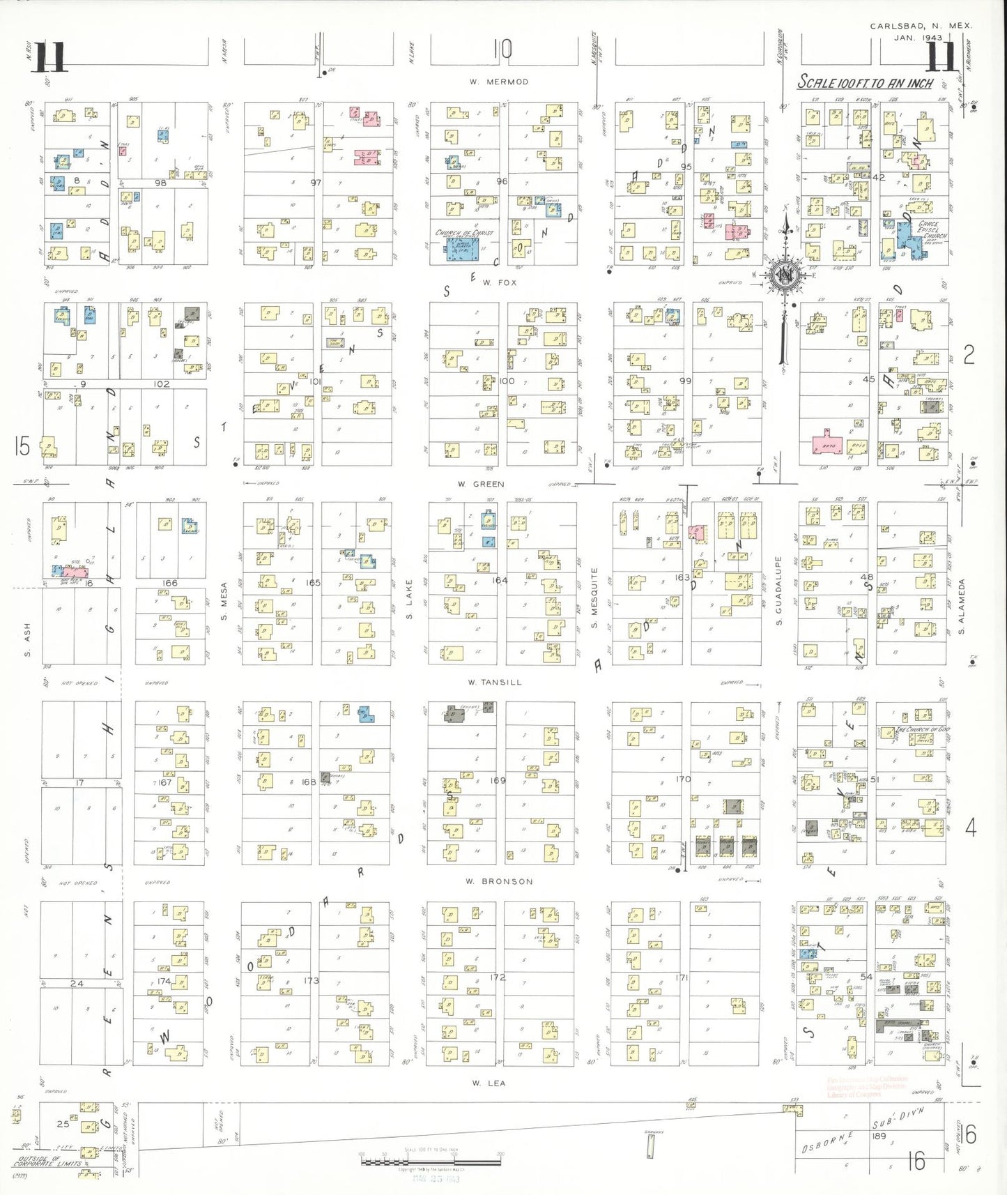 Sanborn Fire Insurance Map from Carlsbad, Eddy County, New Mexico (1943), Sheet #0011 - Historic Sanborn Fire Insurance Map Print, vintage old map wall art, antique decor, genealogy gift, New Mexico New Mexico map