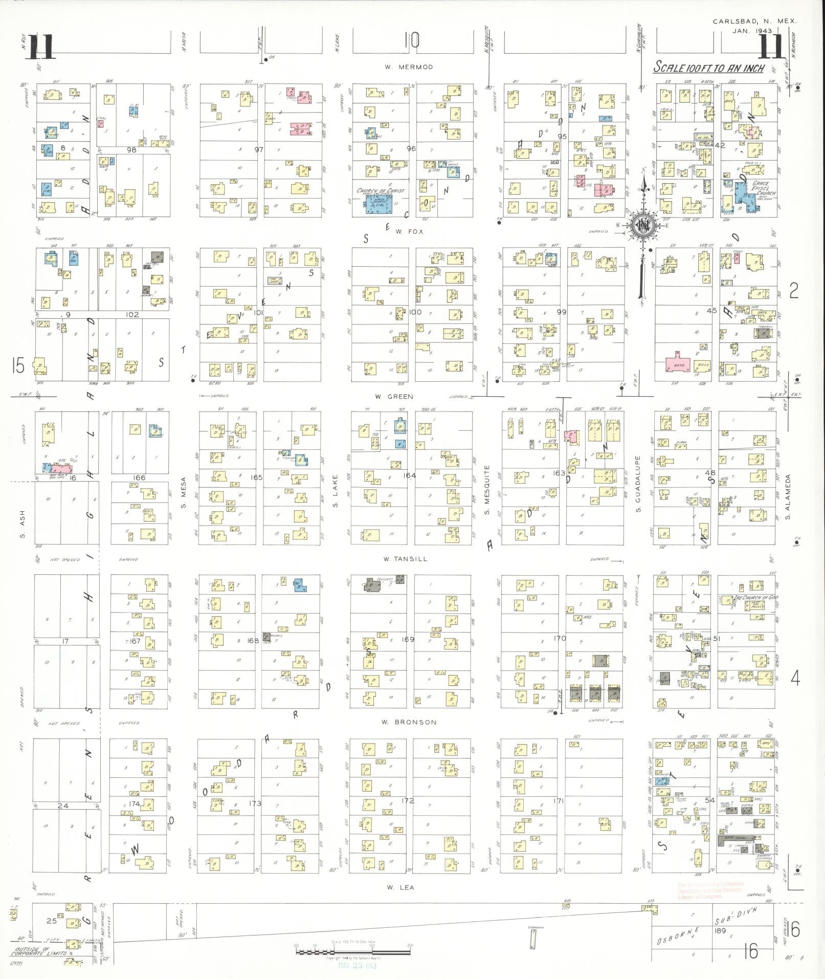 Sanborn Fire Insurance Map from Carlsbad, Eddy County, New Mexico (1943), Sheet #0011 - Historic Sanborn Fire Insurance Map Print, vintage old map wall art, antique decor, genealogy gift, New Mexico New Mexico map