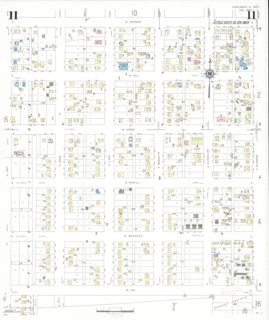 Sanborn Fire Insurance Map from Carlsbad, Eddy County, New Mexico (1943), Sheet #0011 - Historic Sanborn Fire Insurance Map Print, vintage old map wall art, antique decor, genealogy gift, New Mexico New Mexico map