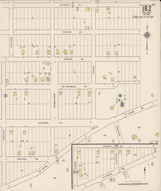 Sanborn Fire Insurance Map from Montgomery, Montgomery County, Alabama (1922), Sheet #0182 - Historic Sanborn Fire Insurance Map Print, vintage old map wall art, antique decor, genealogy gift, Alabama Alabama map