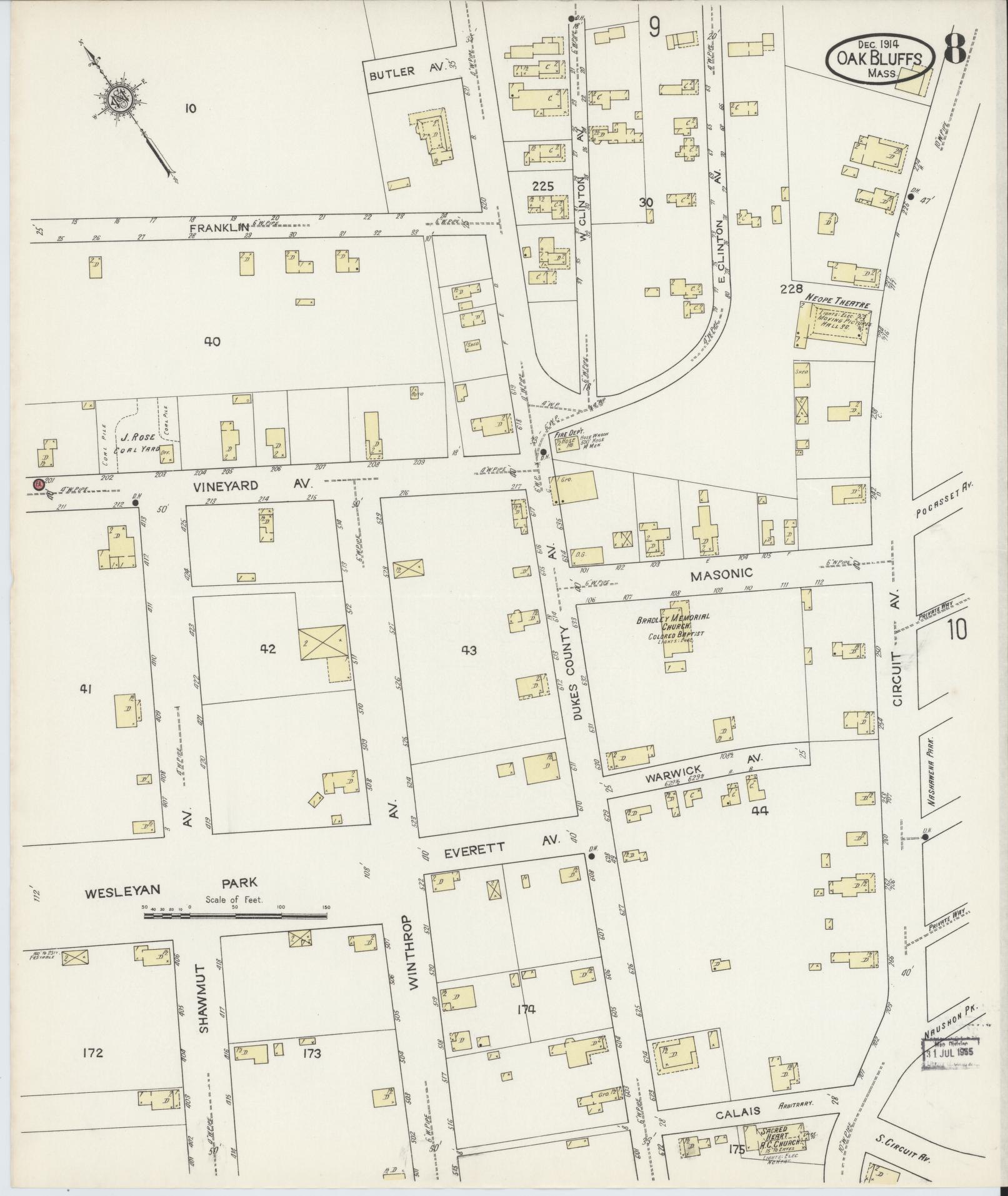 Sanborn Fire Insurance Map from Oak Bluffs, Dukes County, Massachusetts (1914), Sheet #0008 - Historic Sanborn Fire Insurance Map Print, vintage old map wall art, antique decor, genealogy gift, Massachusetts Massachusetts map