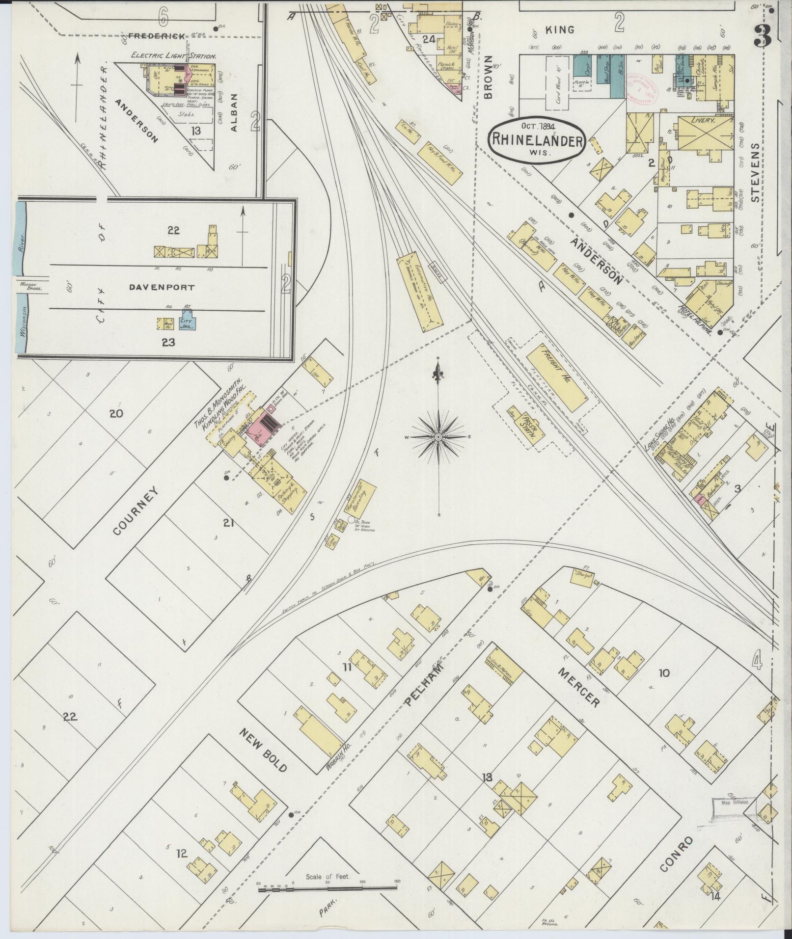 Sanborn Fire Insurance Map from Rhinelander, Oneida County, Wisconsin (1894), Sheet #0003 - Complete Map Set gallery image, historic Sanborn map, vintage wall art, Wisconsin Wisconsin