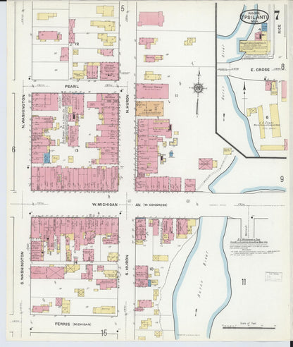 Sanborn Fire Insurance Map from Ypsilanti, Washtenaw County, Michigan (1916), Sheet #0007 - Historic Sanborn Fire Insurance Map Print, vintage old map wall art, antique decor, genealogy gift, Michigan Michigan map