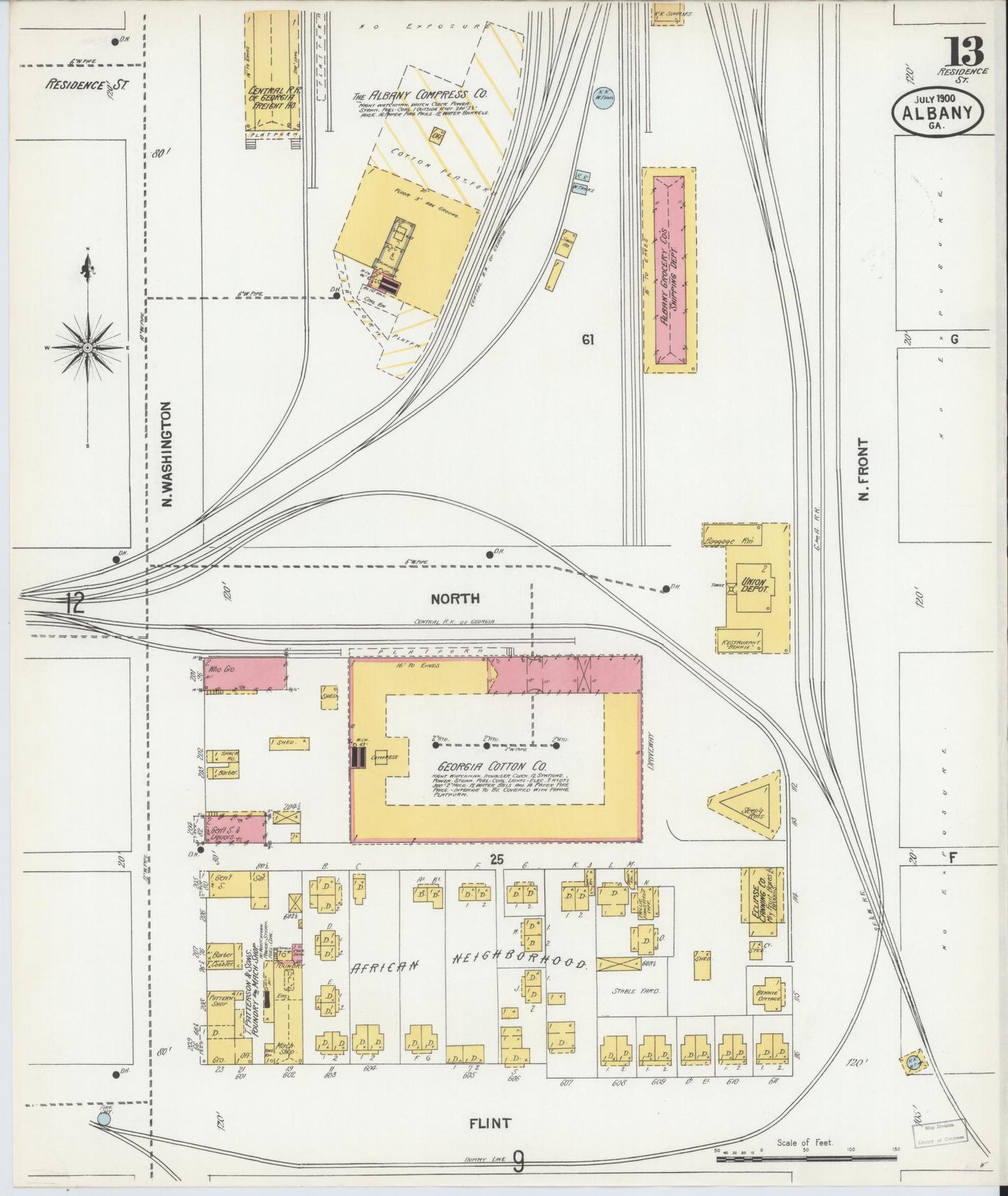 Sanborn Fire Insurance Map from Albany, Dougherty County, Georgia (1900), Sheet #0013 - Historic Sanborn Fire Insurance Map Print, vintage old map wall art, antique decor, genealogy gift, Georgia Georgia map