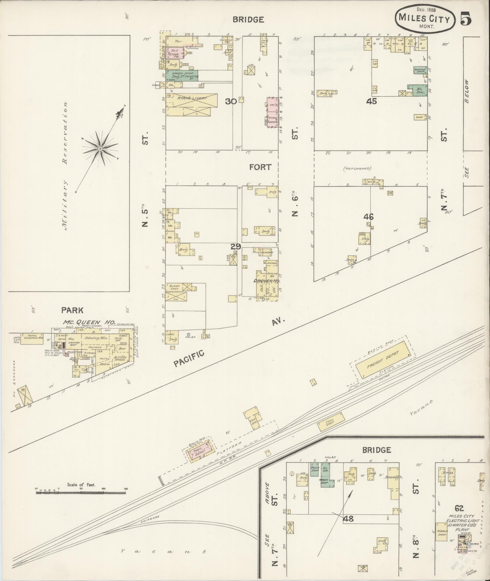 Sanborn Fire Insurance Map from Miles City, Custer County, Montana (1888), Sheet #0005 - Complete Map Set gallery image, historic Sanborn map, vintage wall art, Montana Montana