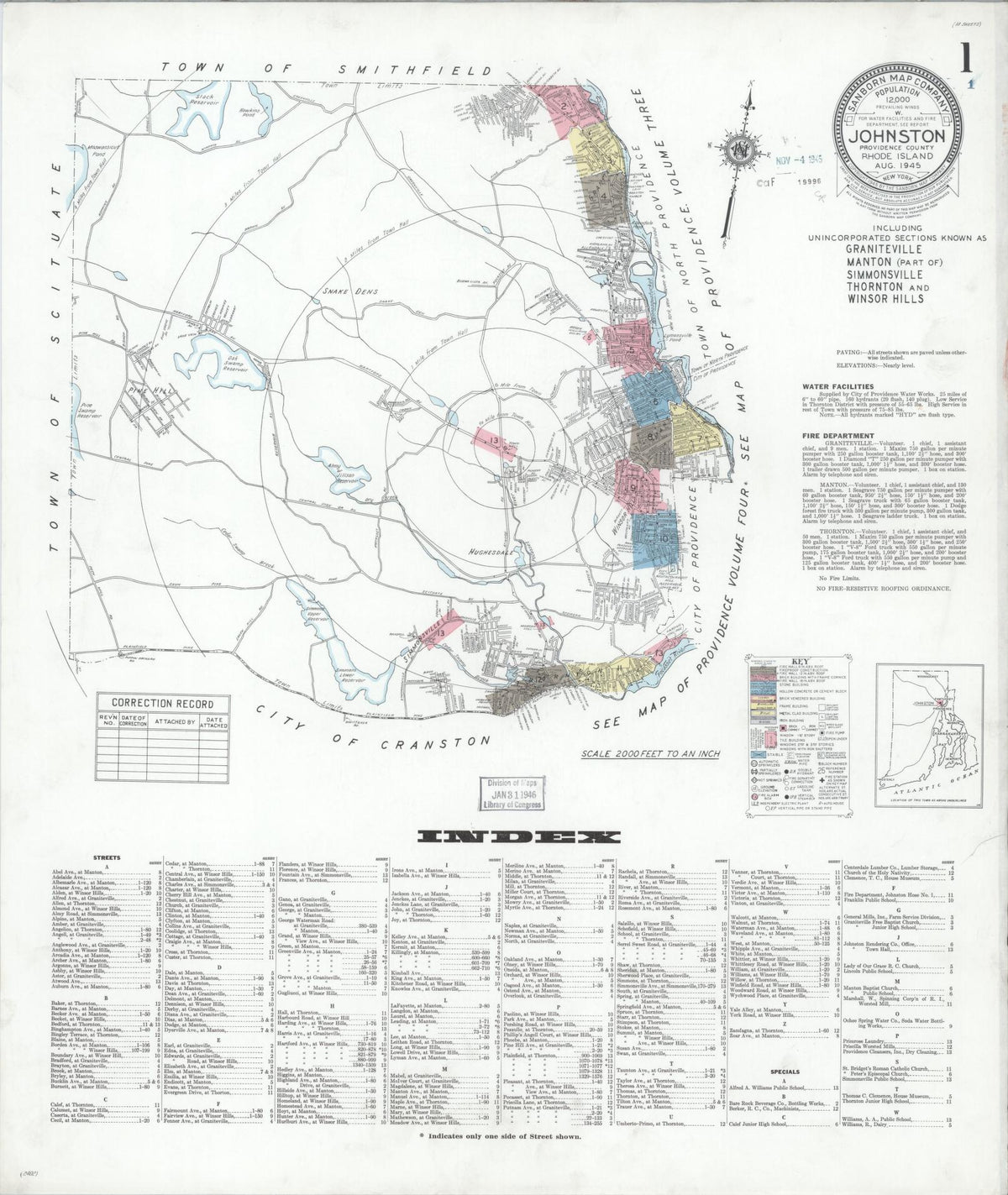 Sanborn Fire Insurance Map from Johnston, Providence County, Rhode Island (1945), Sheet #0001 - Complete Map Set gallery image, historic Sanborn map, vintage wall art, Rhode Island Rhode Island