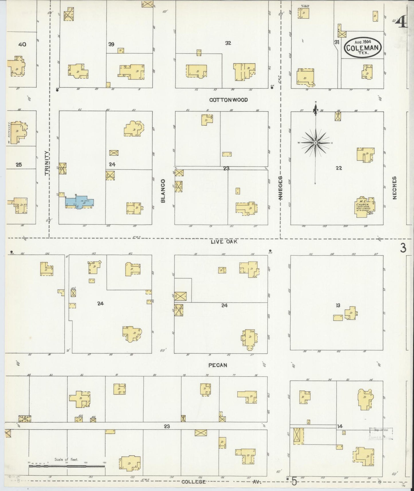 Sanborn Fire Insurance Map from Coleman, Coleman County, Texas (1904), Sheet #0004 - Complete Map Set gallery image, historic Sanborn map, vintage wall art, Texas Texas