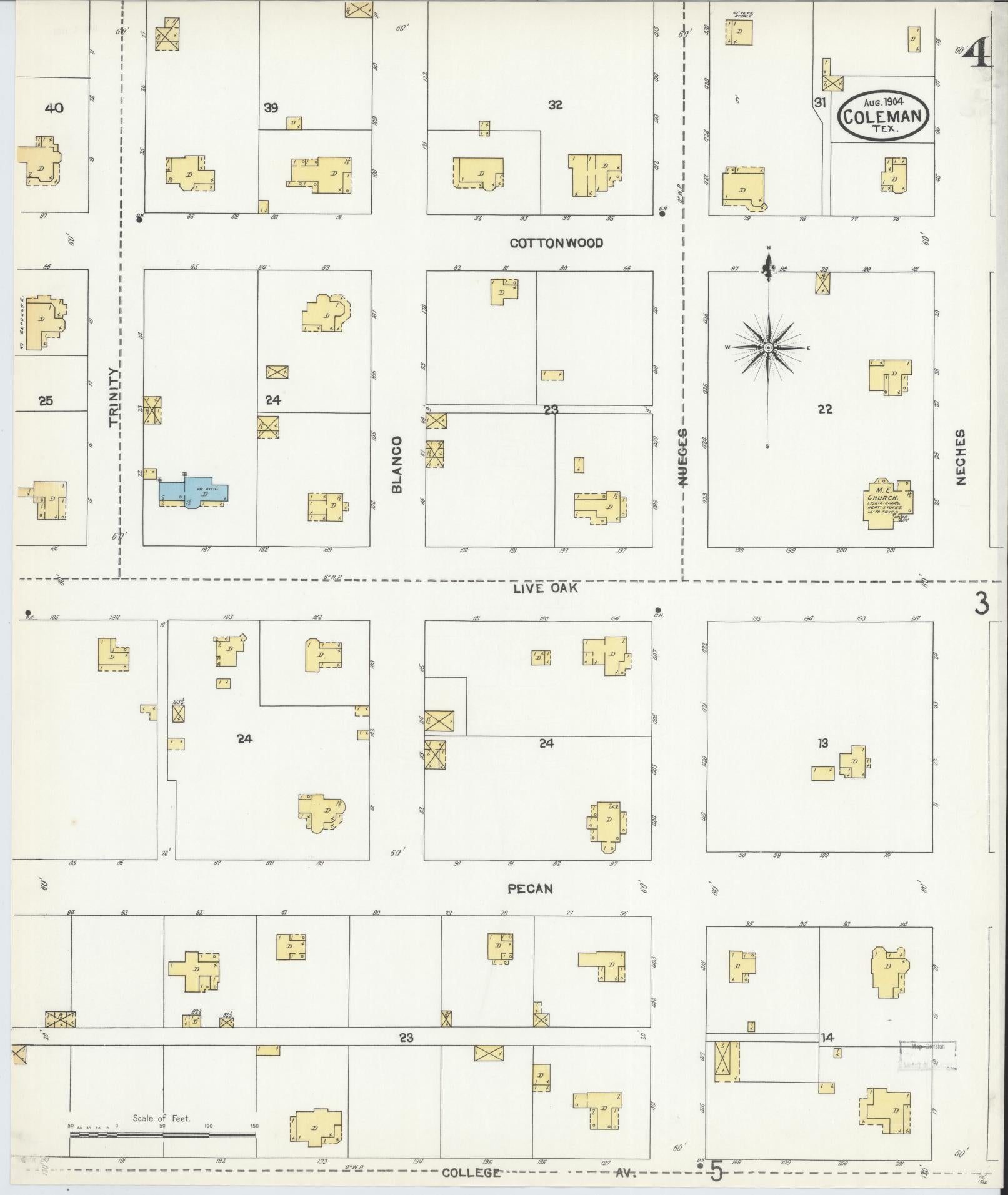 Sanborn Fire Insurance Map from Coleman, Coleman County, Texas (1904), Sheet #0004 - Complete Map Set gallery image, historic Sanborn map, vintage wall art, Texas Texas