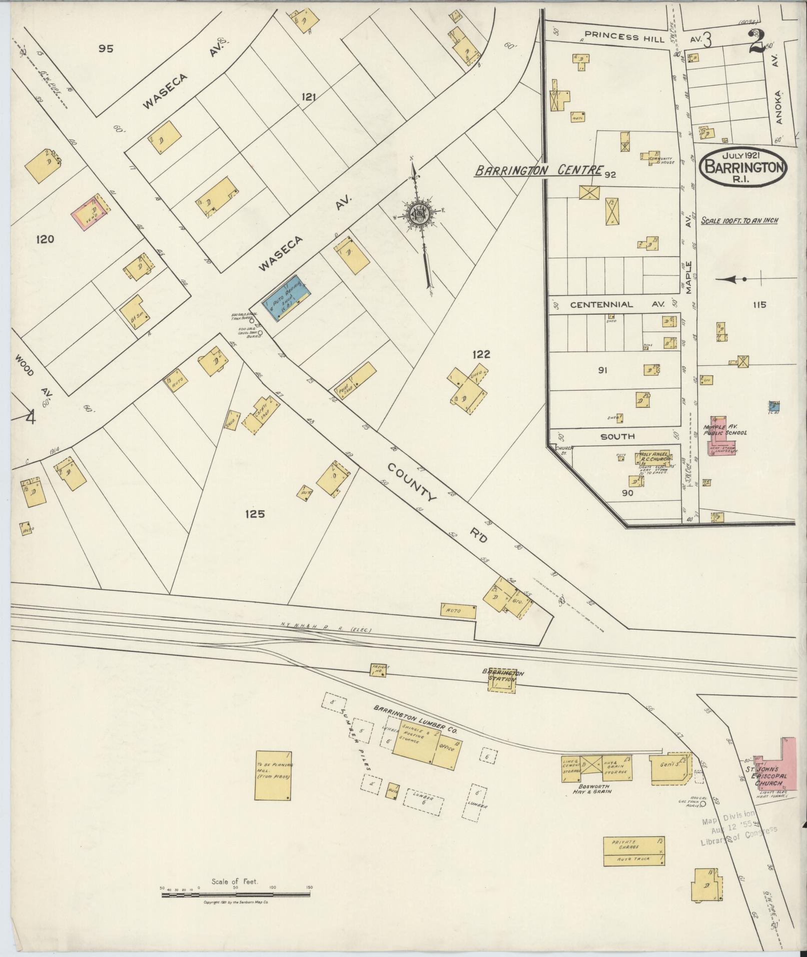 Sanborn Fire Insurance Map from Barrington, Bristol County, Rhode Island (1921), Sheet #0002 - Historic Sanborn Fire Insurance Map Print, vintage old map wall art, antique decor, genealogy gift, Rhode Island Rhode Island map