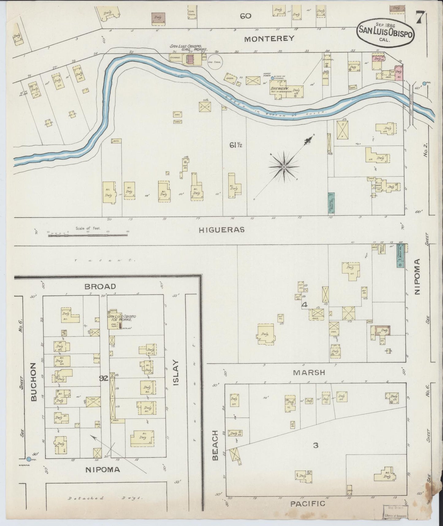 Sanborn Fire Insurance Map from San Luis Obispo, San Luis Obispo County, California (1886), Sheet #0007 - Complete Map Set gallery image, historic Sanborn map, vintage wall art, California California