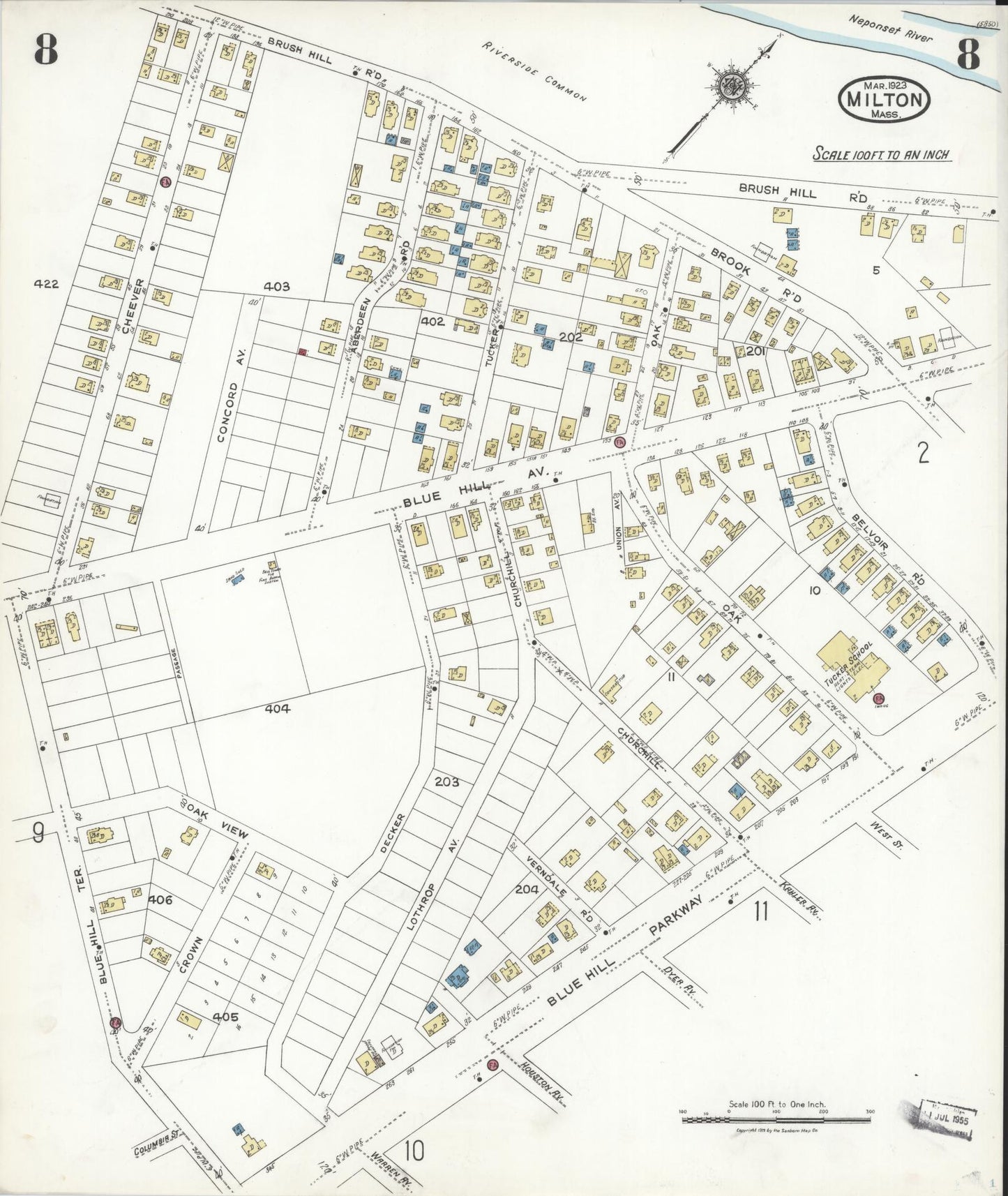 Sanborn Fire Insurance Map from Milton, Norfolk County, Massachusetts (1923), Sheet #0008 - Complete Map Set gallery image, historic Sanborn map, vintage wall art, Massachusetts Massachusetts
