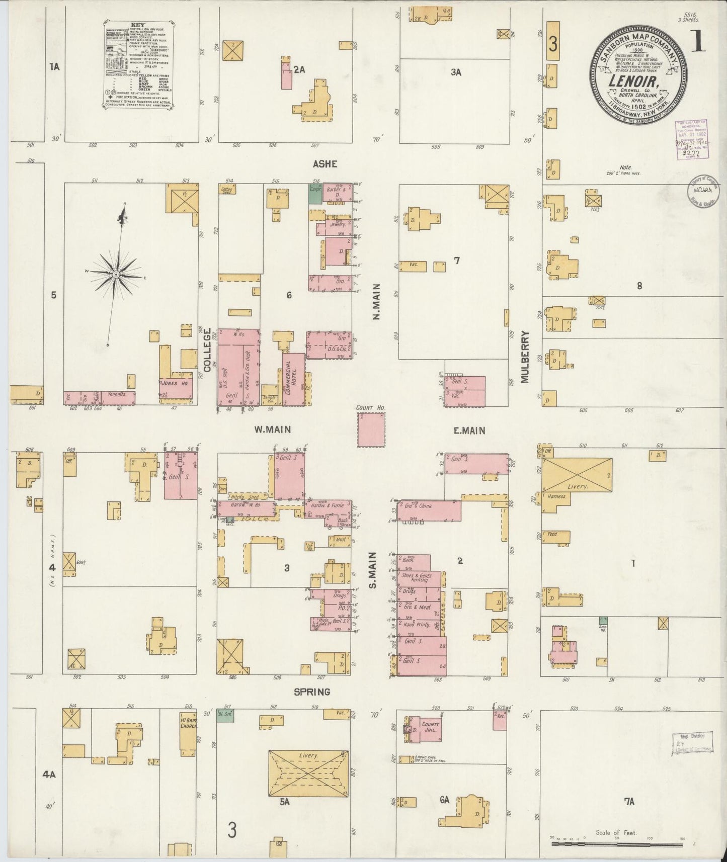 Sanborn Fire Insurance Map from Lenoir, Caldwell County, North Carolina (1902), Sheet #0001 - Complete Map Set gallery image, historic Sanborn map, vintage wall art, North Carolina North Carolina
