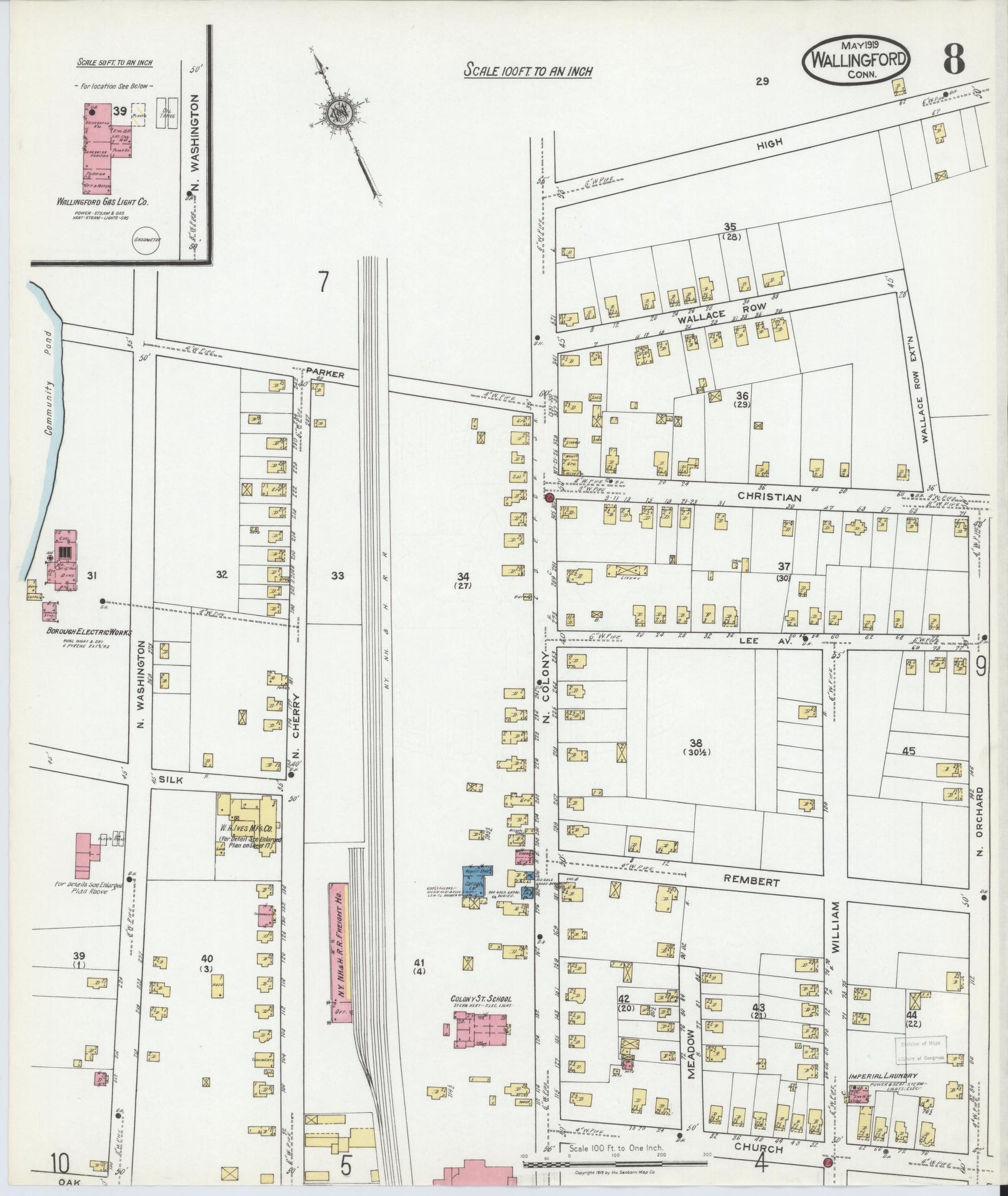 Sanborn Fire Insurance Map from Wallingford, New Haven County, Connecticut (1919), Sheet #0008 - Complete Map Set gallery image, historic Sanborn map, vintage wall art, Connecticut Connecticut