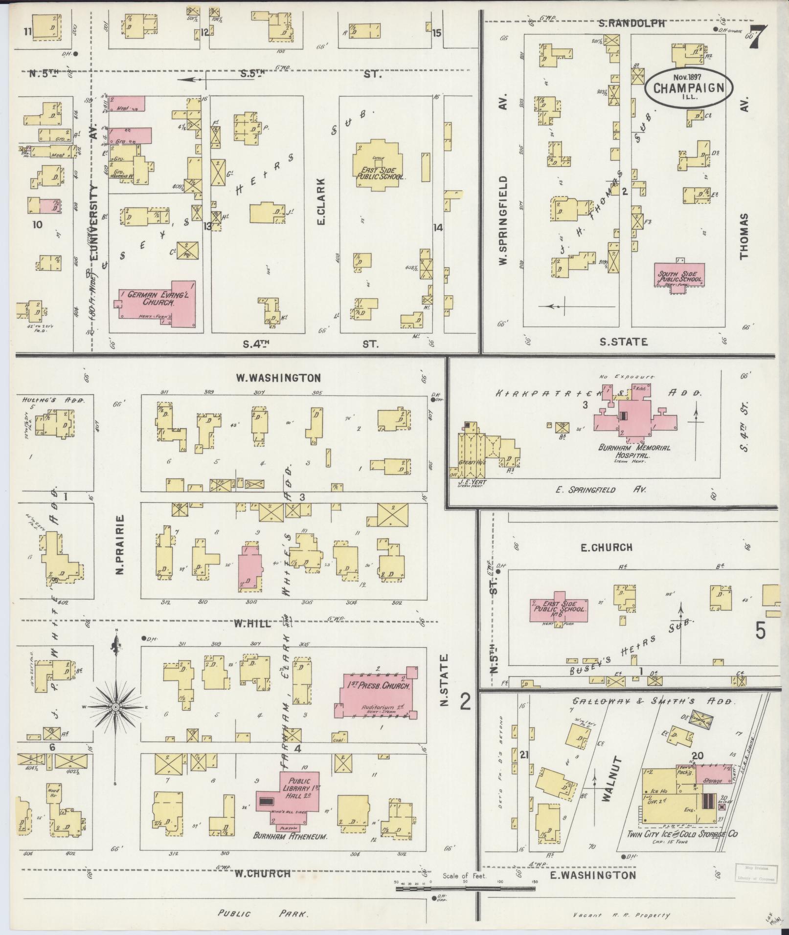 Sanborn Fire Insurance Map from Champaign, Champaign County, Illinois (1897), Sheet #0007 - Historic Sanborn Fire Insurance Map Print, vintage old map wall art, antique decor, genealogy gift, Illinois Illinois map