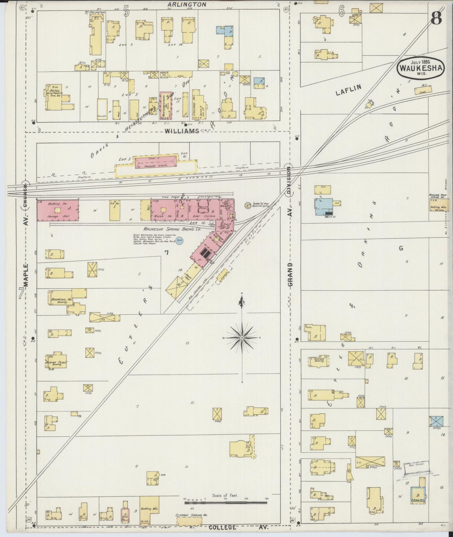 Sanborn Fire Insurance Map from Waukesha, Waukesha County, Wisconsin (1895), Sheet #0008 - Complete Map Set gallery image, historic Sanborn map, vintage wall art, Wisconsin Wisconsin