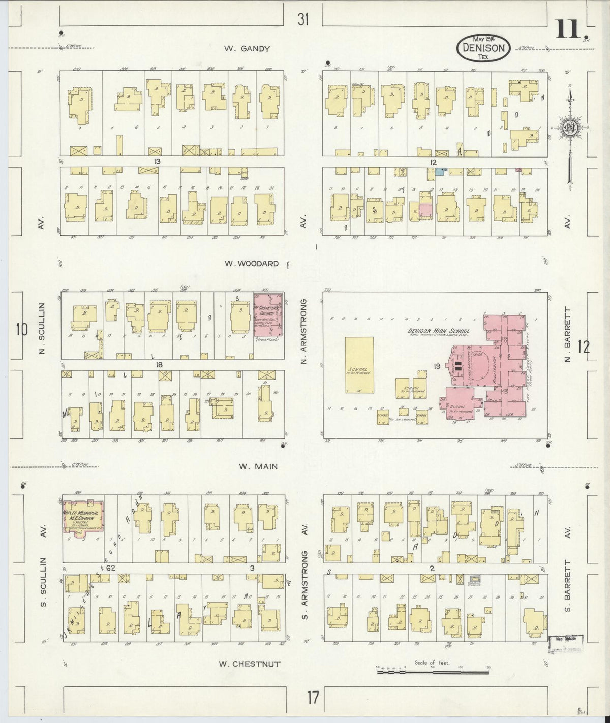 Sanborn Fire Insurance Map from Denison, Grayson County, Texas (1914), Sheet #0011 - Complete Map Set gallery image, historic Sanborn map, vintage wall art, Texas Texas