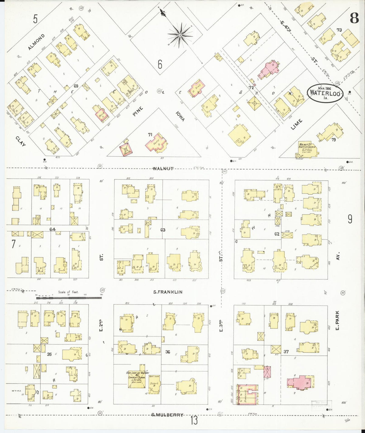 Sanborn Fire Insurance Map from Waterloo, Black Hawk County, Iowa (1906), Sheet #0008 - Historic Sanborn Fire Insurance Map Print, vintage old map wall art