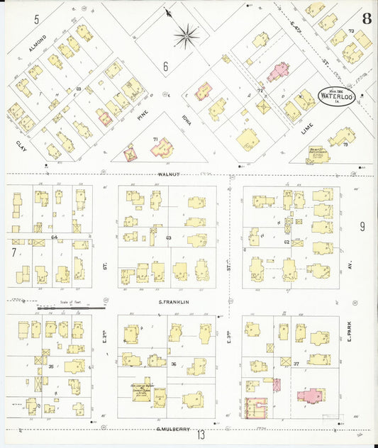 Sanborn Fire Insurance Map from Waterloo, Black Hawk County, Iowa (1906), Sheet #0008 - Historic Sanborn Fire Insurance Map Print, vintage old map wall art