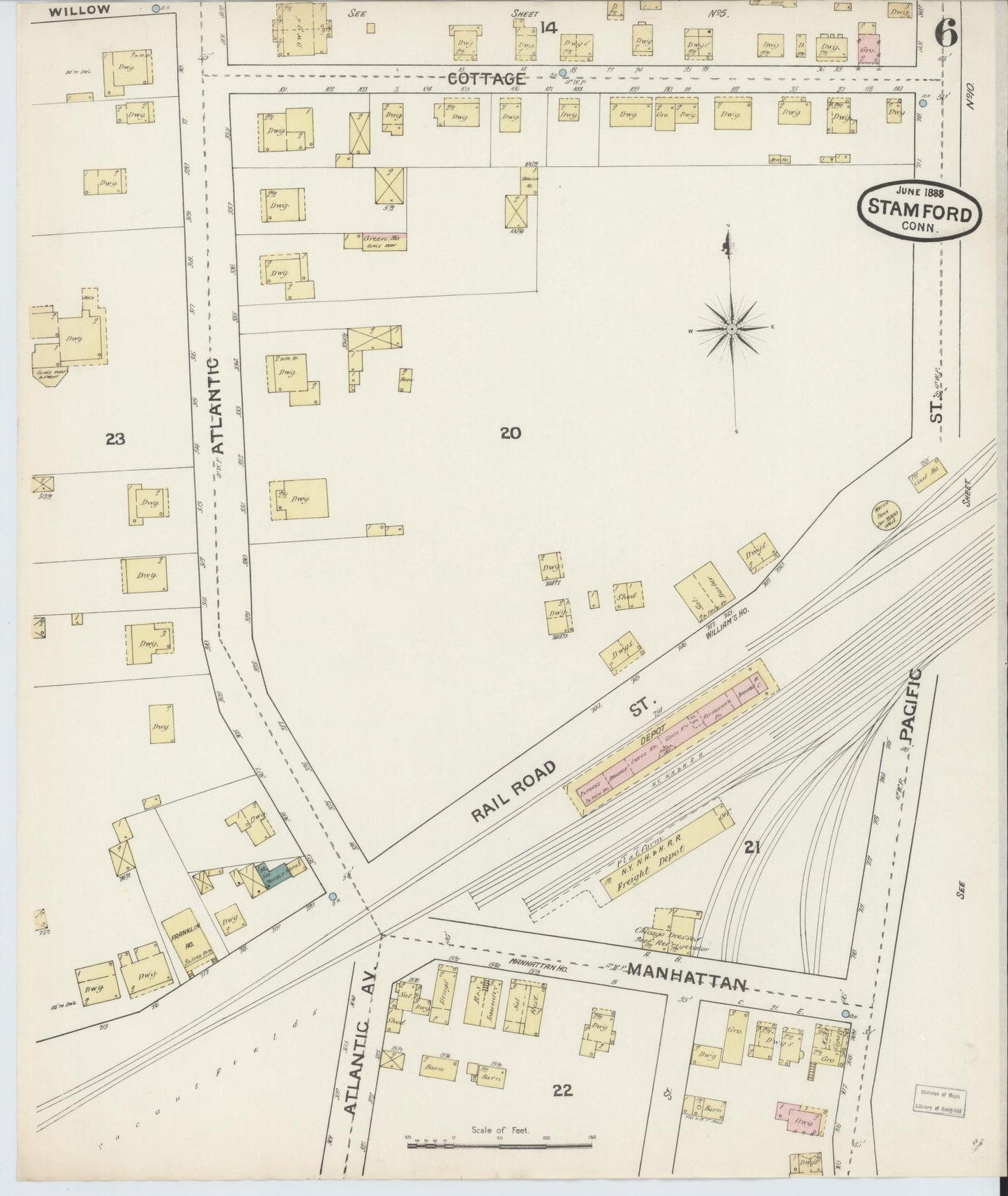 Sanborn Fire Insurance Map from Stamford, Fairfield County, Connecticut (1888), Sheet #0006 - Historic Sanborn Fire Insurance Map Print, vintage old map wall art, antique decor, genealogy gift, Connecticut Connecticut map