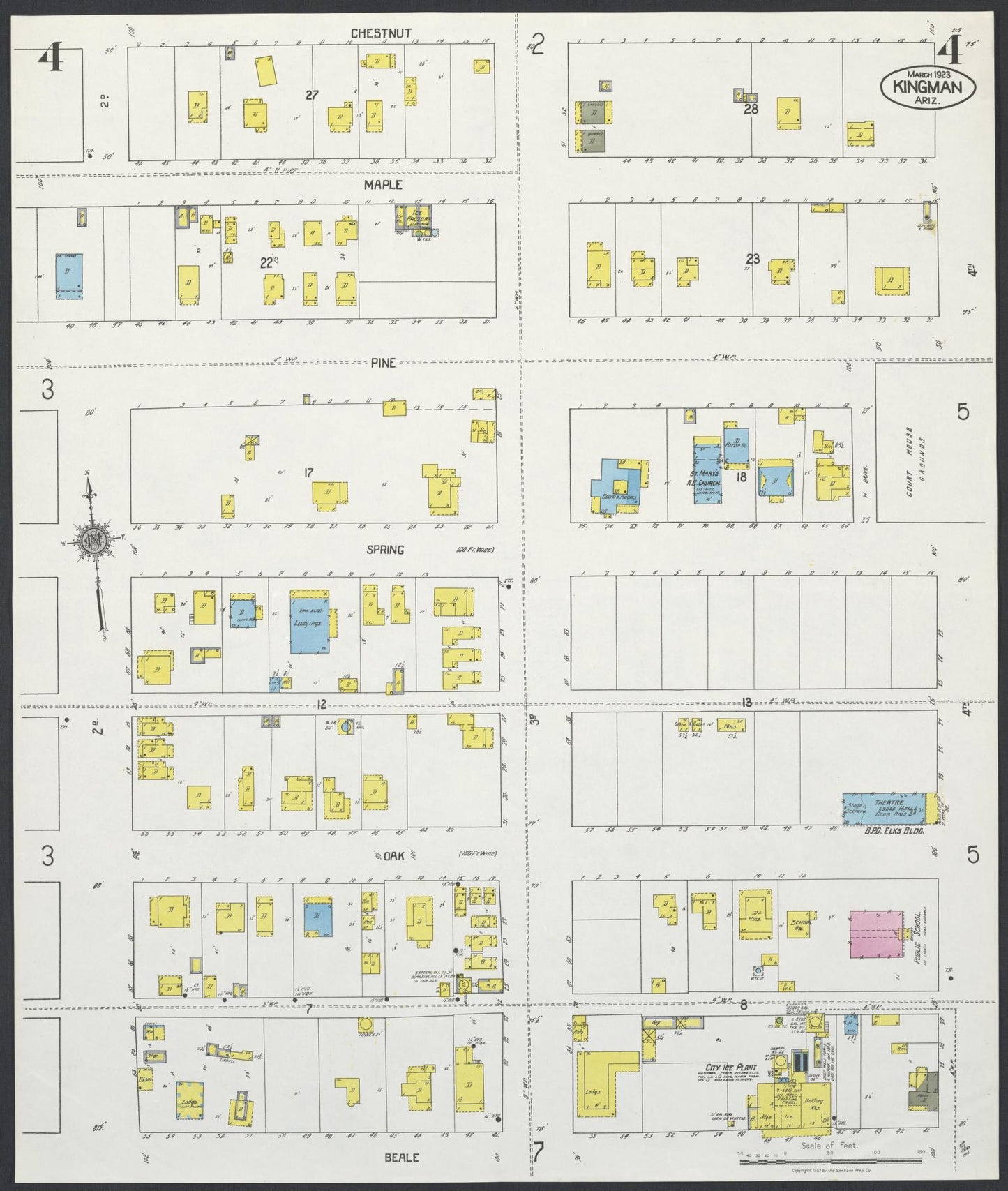 Sanborn Fire Insurance Map from Kingman, Mohave County, Arizona (1923), Sheet #0004 - Historic Sanborn Fire Insurance Map Print, vintage old map wall art, antique decor, genealogy gift, Arizona Arizona map
