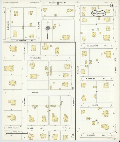 Sanborn Fire Insurance Map from Weatherford, Parker County, Texas (1910), Sheet #0009 - Complete Map Set gallery image, historic Sanborn map, vintage wall art, Texas Texas