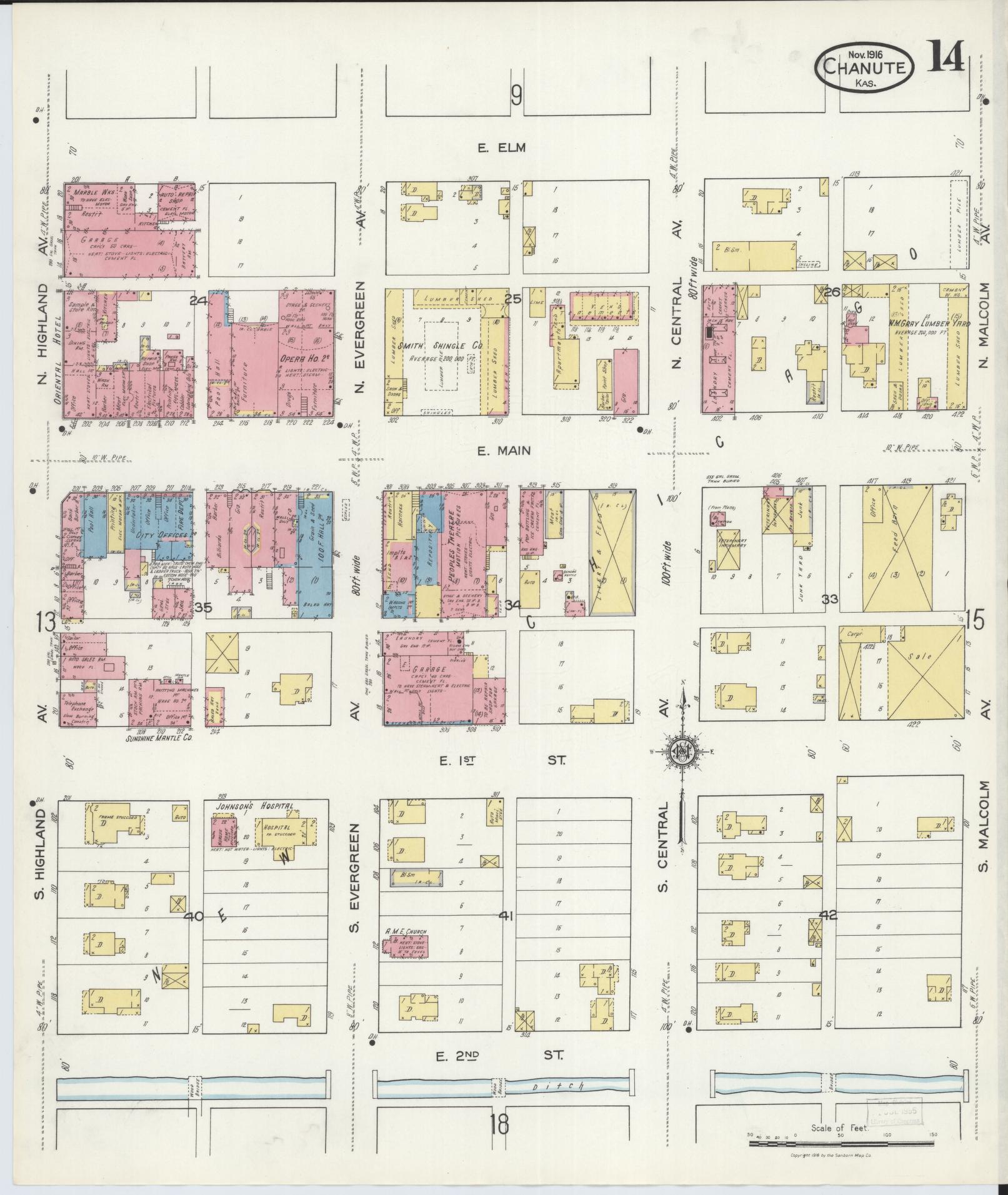 Sanborn Fire Insurance Map from Chanute, Neosho County, Kansas (1916), Sheet #0014 - Historic Sanborn Fire Insurance Map Print, vintage old map wall art, antique decor, genealogy gift, Kansas Kansas map