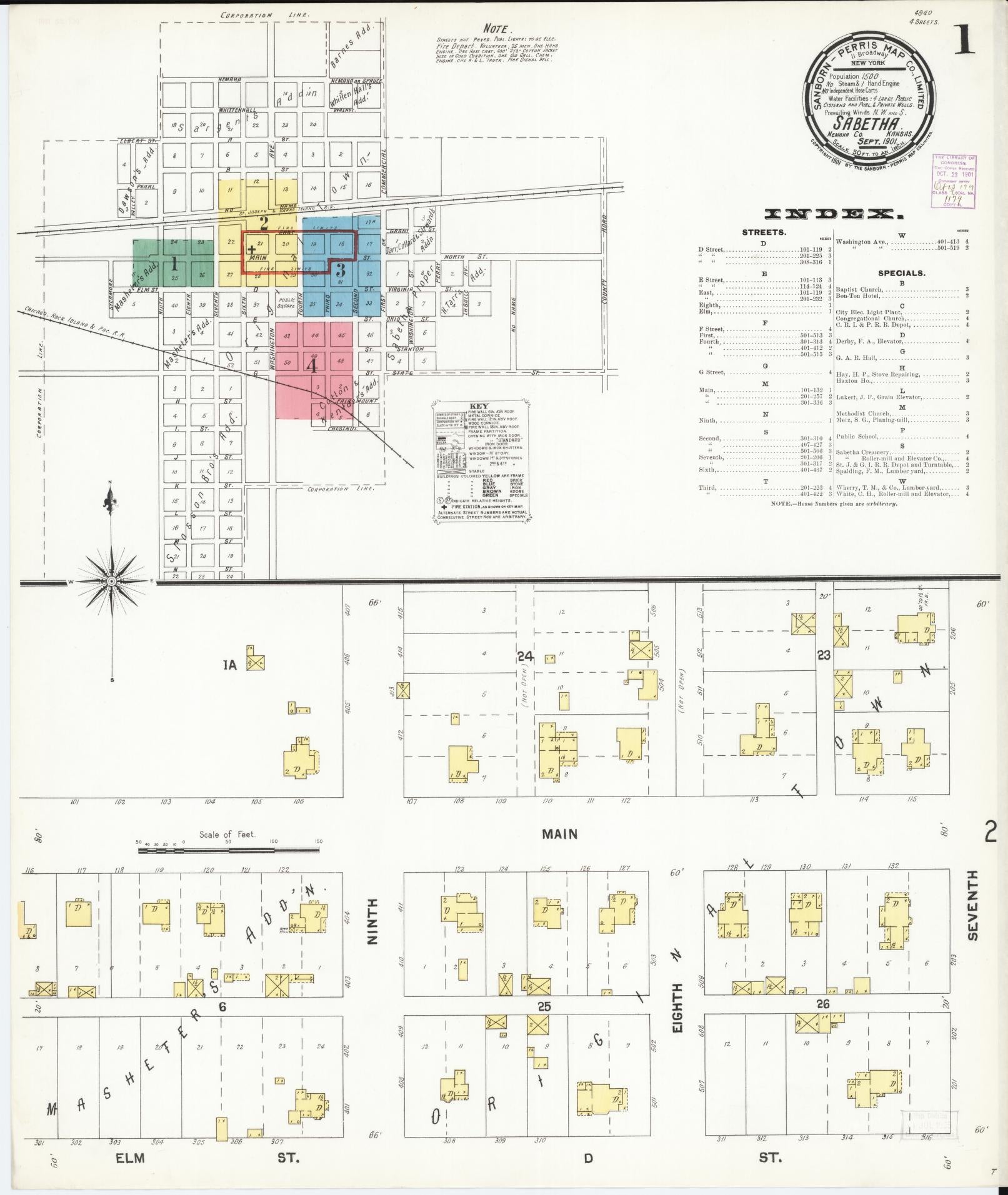 Sanborn Fire Insurance Map from Sabetha, Nemaha County, Kansas (1901), Sheet #0001 - Complete Map Set gallery image, historic Sanborn map, vintage wall art, Kansas Kansas