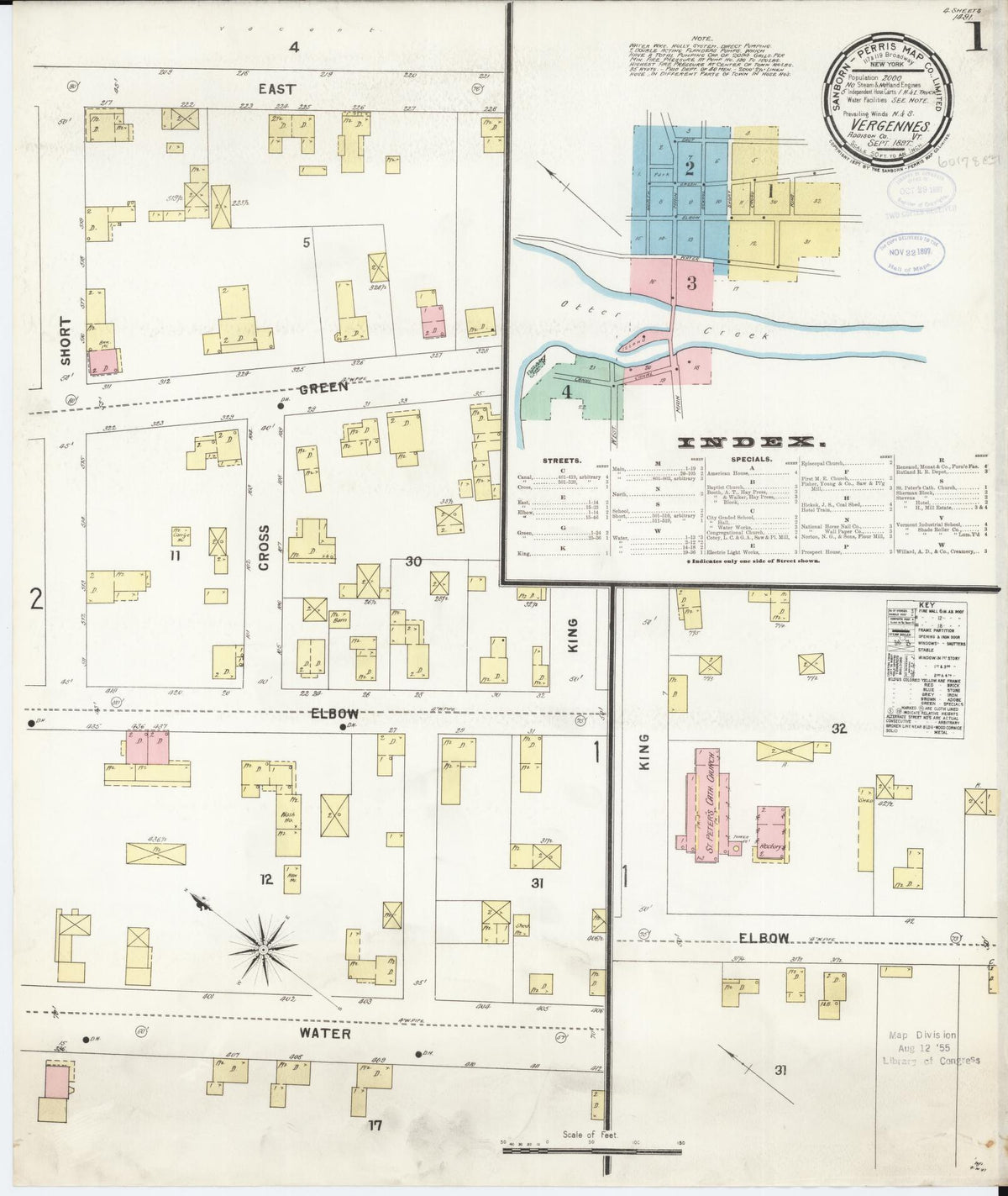 Sanborn Fire Insurance Map from Vergennes, Addison County, Vermont (1897), Sheet #0001 - Historic Sanborn Fire Insurance Map Print, vintage old map wall art, antique decor, genealogy gift, Vermont Vermont map
