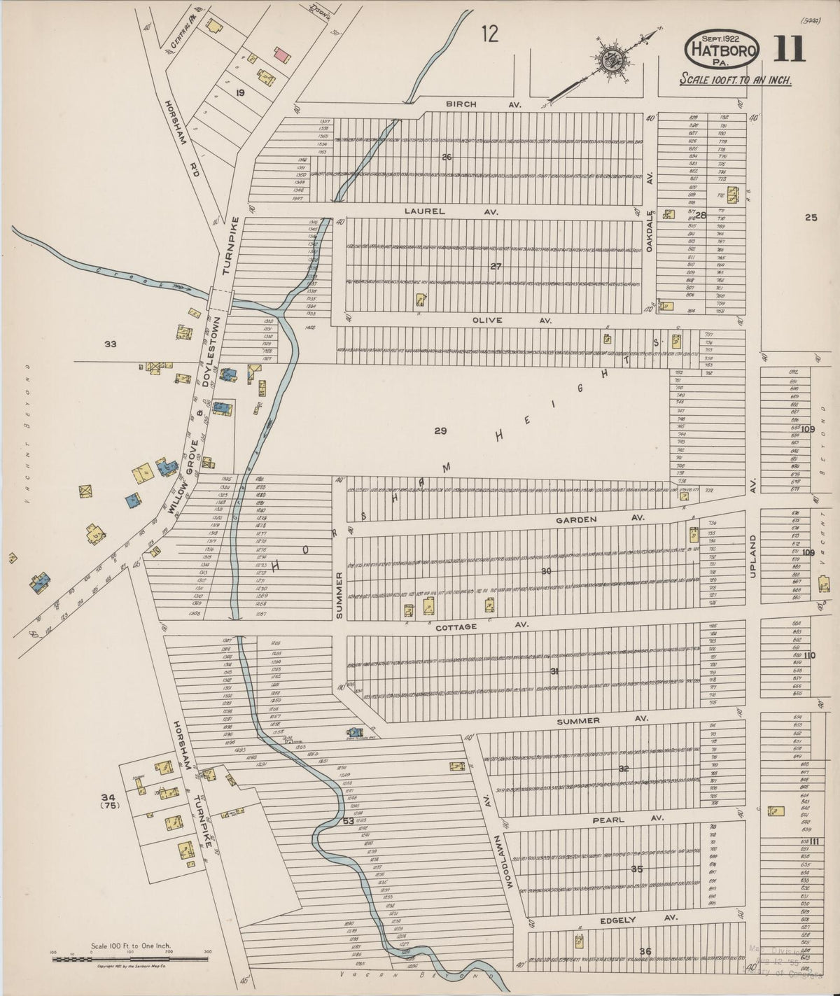 Sanborn Fire Insurance Map from Hatboro, Montgomery County, Pennsylvania (1922), Sheet #0011 - Historic Sanborn Fire Insurance Map Print, vintage old map wall art, antique decor, genealogy gift, Pennsylvania Pennsylvania map