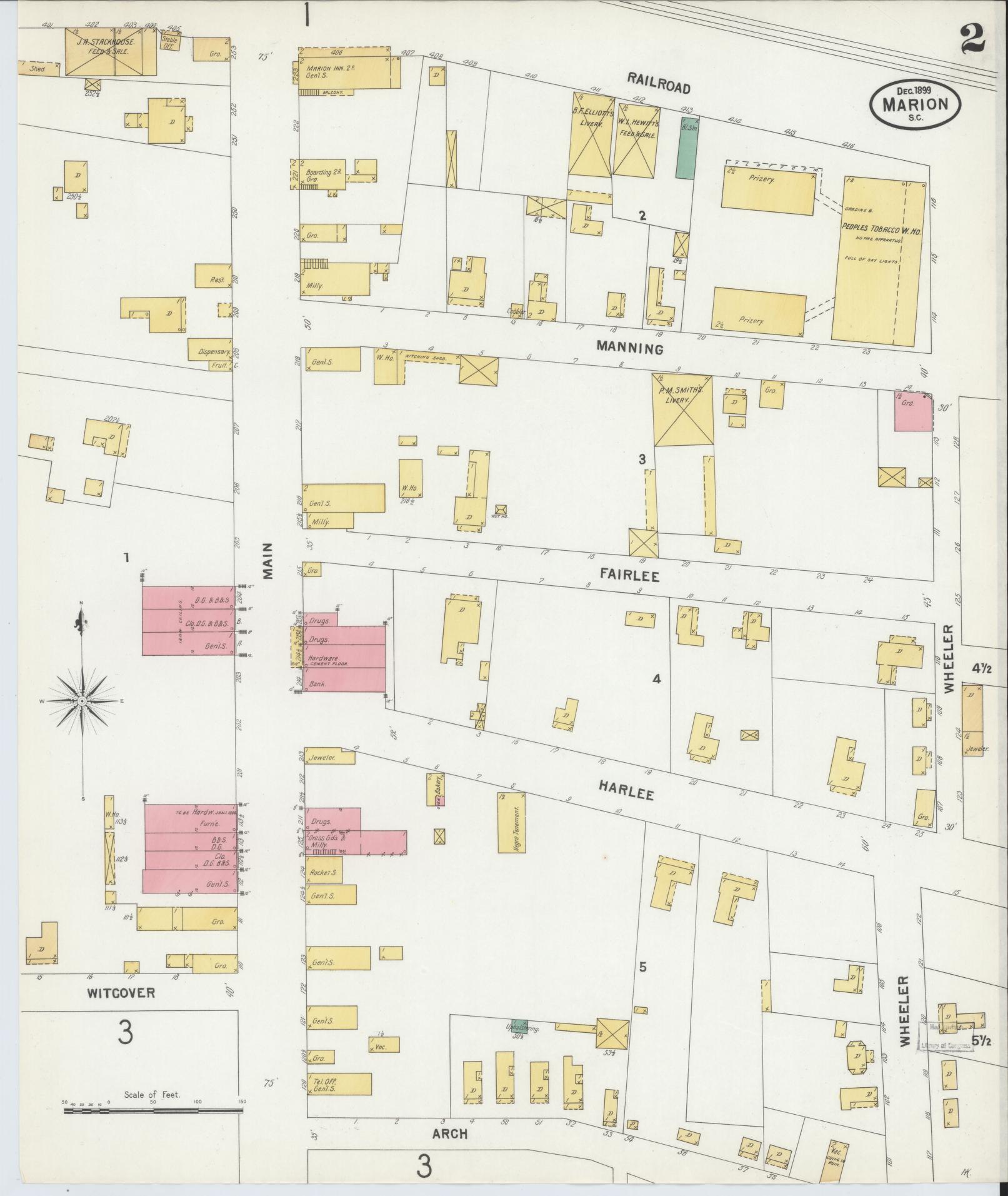 Sanborn Fire Insurance Map from Marion, Marion County, South Carolina (1899), Sheet #0002 - Historic Sanborn Fire Insurance Map Print, vintage old map wall art, antique decor, genealogy gift, South Carolina South Carolina map
