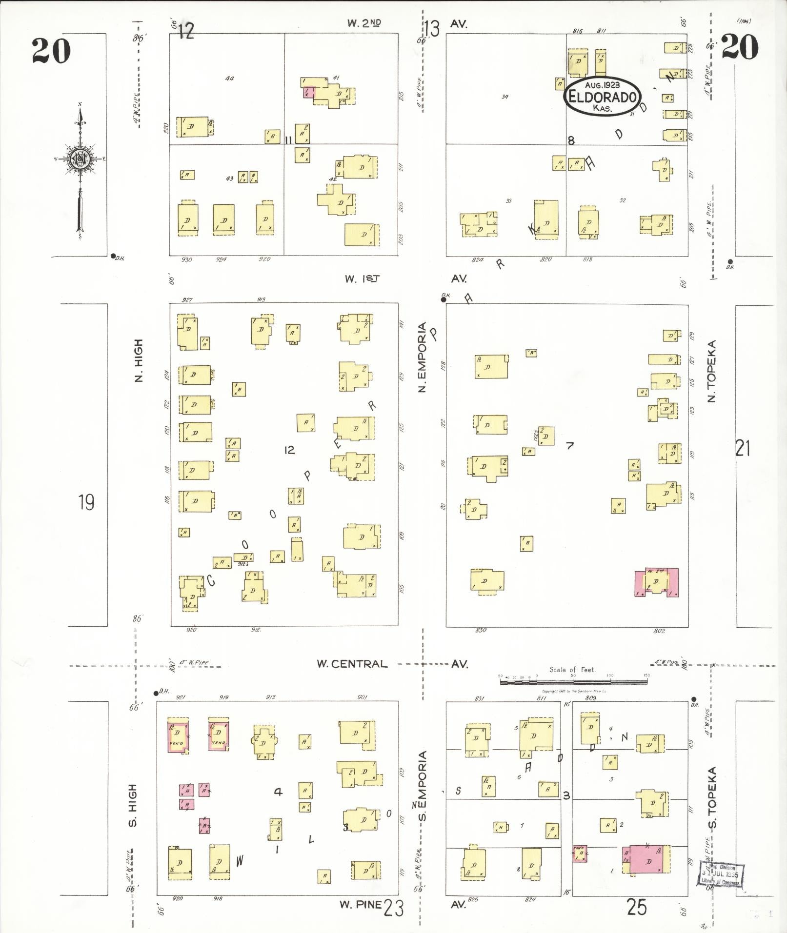 Sanborn Fire Insurance Map from El Dorado, Butler County, Kansas (1923), Sheet #0020 - Complete Map Set gallery image, historic Sanborn map, vintage wall art, Kansas Kansas