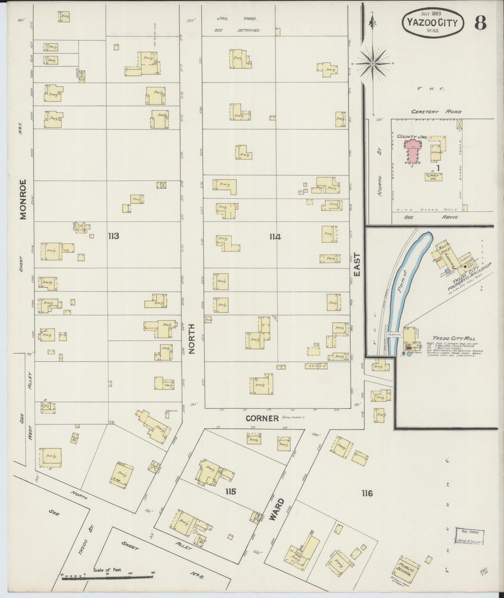 Sanborn Fire Insurance Map from Yazoo City, Yazoo County, Mississippi (1889), Sheet #0008 - Historic Sanborn Fire Insurance Map Print, vintage old map wall art, antique decor, genealogy gift, Mississippi Mississippi map