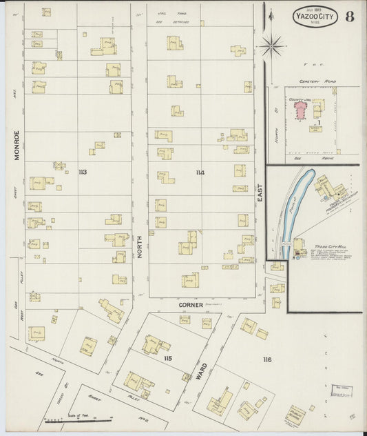 Sanborn Fire Insurance Map from Yazoo City, Yazoo County, Mississippi (1889), Sheet #0008 - Historic Sanborn Fire Insurance Map Print, vintage old map wall art, antique decor, genealogy gift, Mississippi Mississippi map