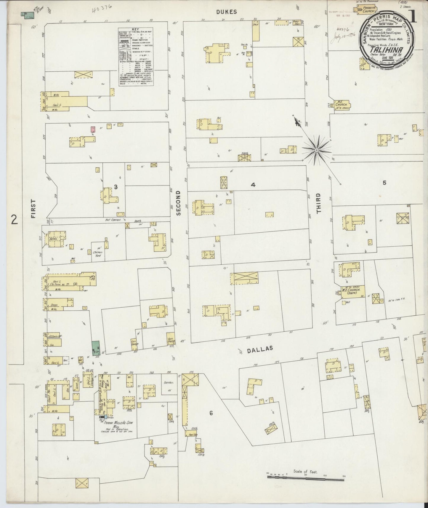Sanborn Fire Insurance Map from Talihina, Le Flore County, Oklahoma (1896), Sheet #0001 - Historic Sanborn Fire Insurance Map Print, vintage old map wall art, antique decor, genealogy gift, Oklahoma Oklahoma map