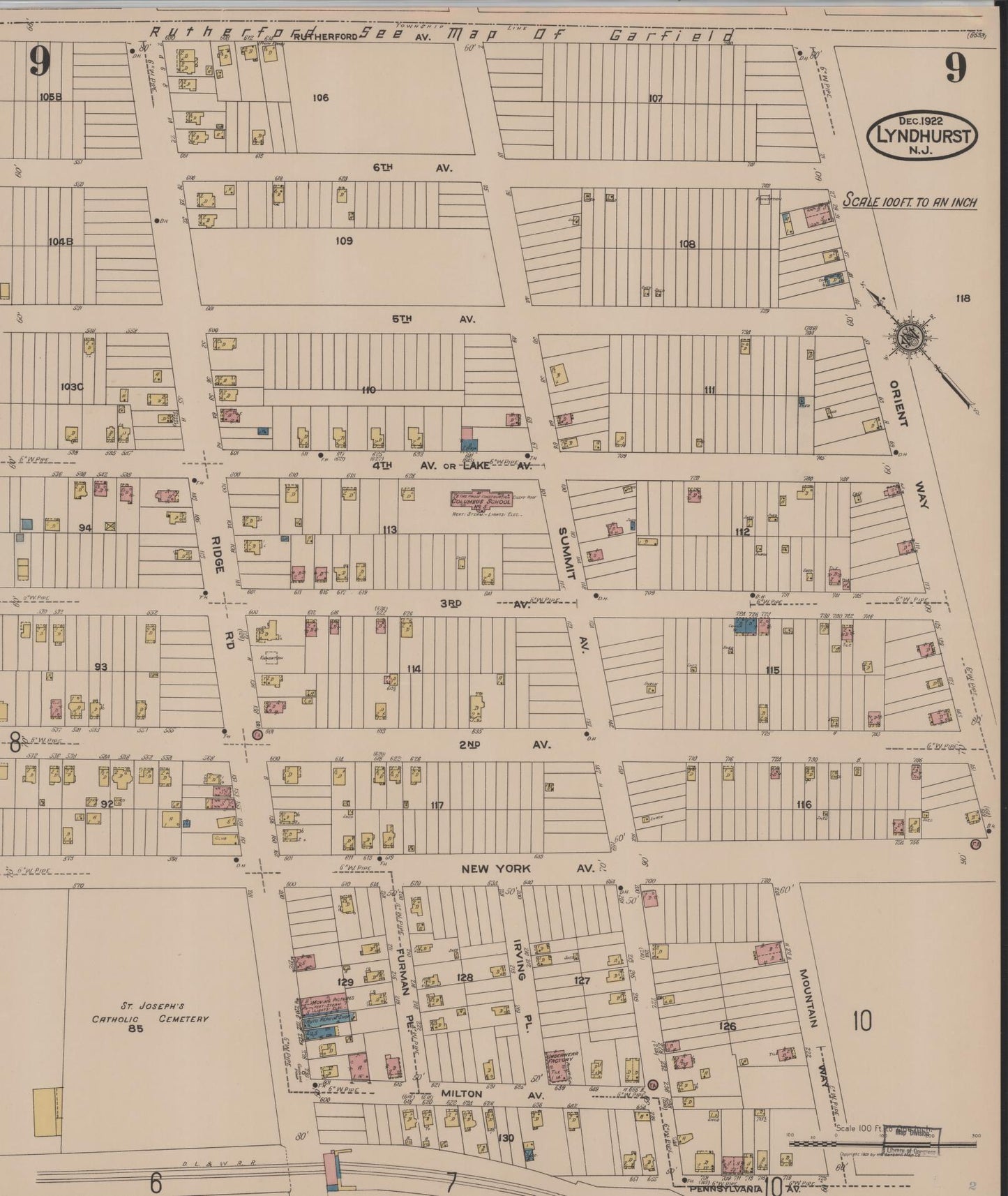 Sanborn Fire Insurance Map from Lyndhurst, Bergen County, New Jersey (1922), Sheet #0009 - Historic Sanborn Fire Insurance Map Print, vintage old map wall art, antique decor, genealogy gift, New Jersey New Jersey map