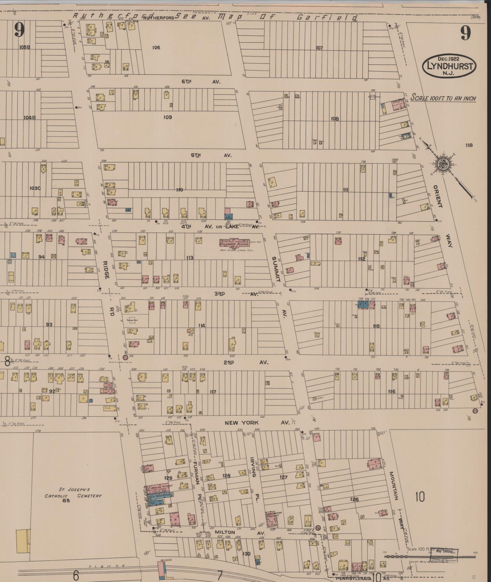 Sanborn Fire Insurance Map from Lyndhurst, Bergen County, New Jersey (1922), Sheet #0009 - Historic Sanborn Fire Insurance Map Print, vintage old map wall art, antique decor, genealogy gift, New Jersey New Jersey map