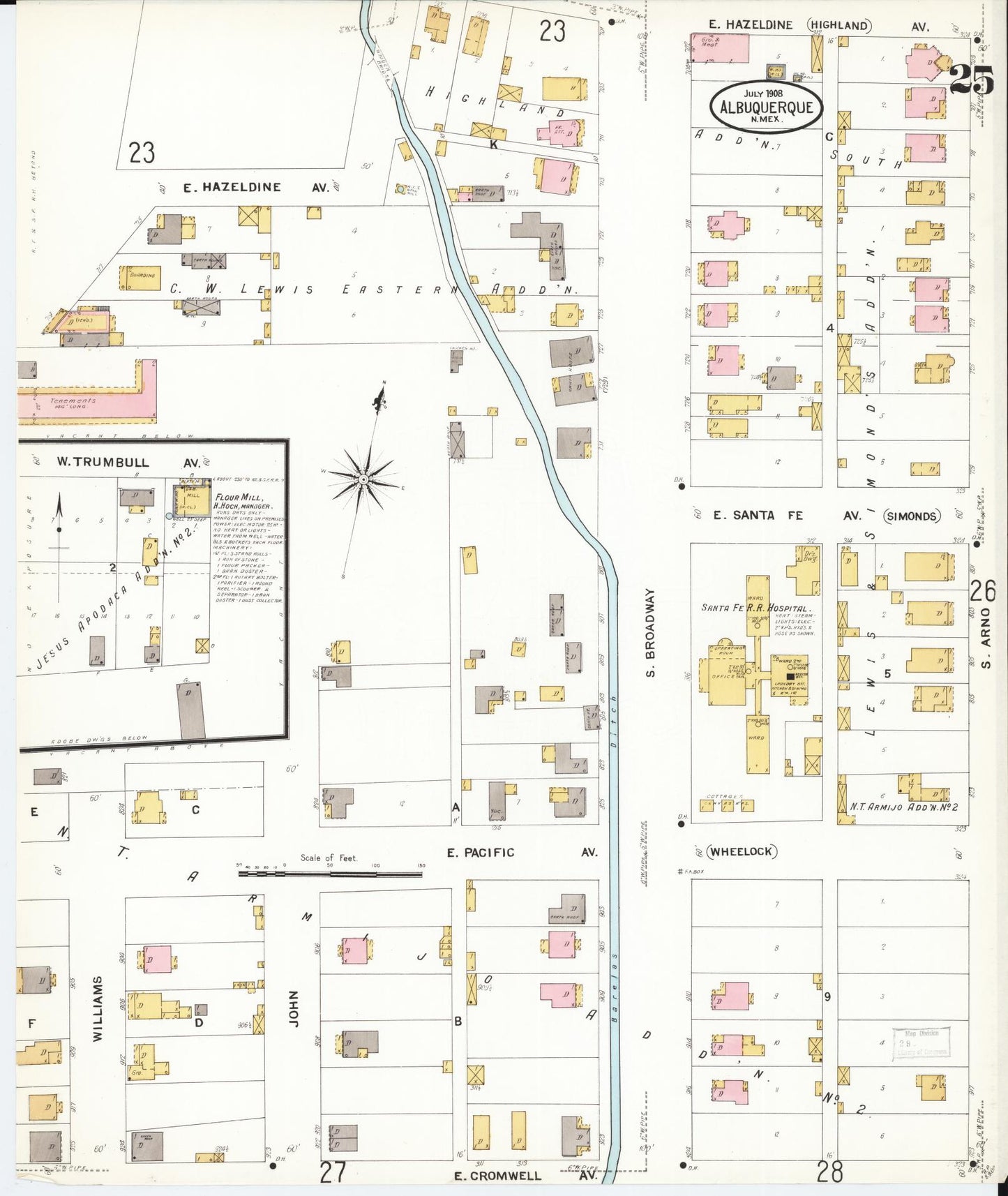 Sanborn Fire Insurance Map from Albuquerque, Bernalillo County, New Mexico (1908), Sheet #0025 - Historic Sanborn Fire Insurance Map Print, vintage old map wall art, antique decor, genealogy gift, New Mexico New Mexico map