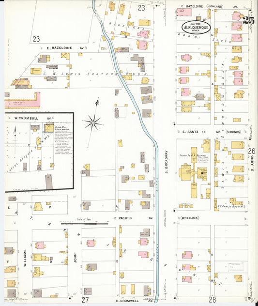 Sanborn Fire Insurance Map from Albuquerque, Bernalillo County, New Mexico (1908), Sheet #0025 - Historic Sanborn Fire Insurance Map Print, vintage old map wall art, antique decor, genealogy gift, New Mexico New Mexico map