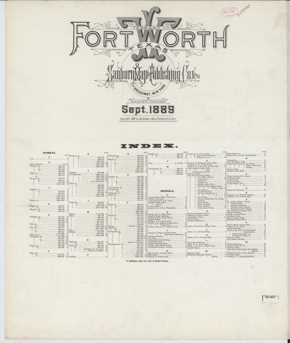Sanborn Fire Insurance Map from Fort Worth, Tarrant County, Texas (1899), Sheet #0001 - Historic Sanborn Fire Insurance Map Print, vintage old map wall art, antique decor, genealogy gift, Texas Texas map