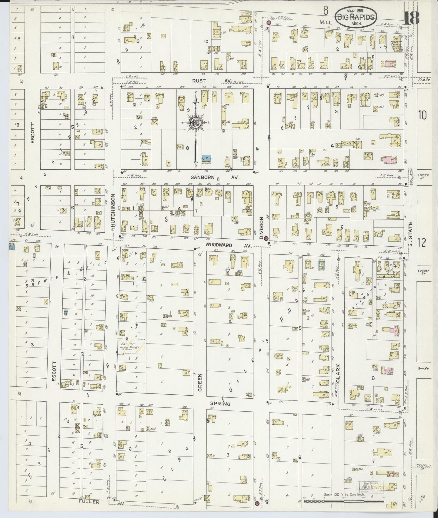 Sanborn Fire Insurance Map from Big Rapids, Mecosta County, Michigan (1914), Sheet #0018 - Historic Sanborn Fire Insurance Map Print, vintage old map wall art, antique decor, genealogy gift, Michigan Michigan map