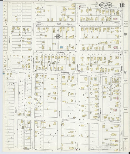 Sanborn Fire Insurance Map from Big Rapids, Mecosta County, Michigan (1914), Sheet #0018 - Historic Sanborn Fire Insurance Map Print, vintage old map wall art, antique decor, genealogy gift, Michigan Michigan map