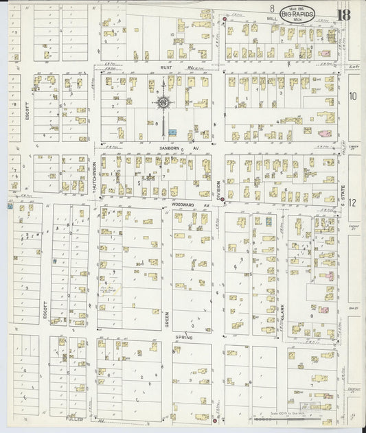 Sanborn Fire Insurance Map from Big Rapids, Mecosta County, Michigan (1914), Sheet #0018 - Historic Sanborn Fire Insurance Map Print, vintage old map wall art, antique decor, genealogy gift, Michigan Michigan map