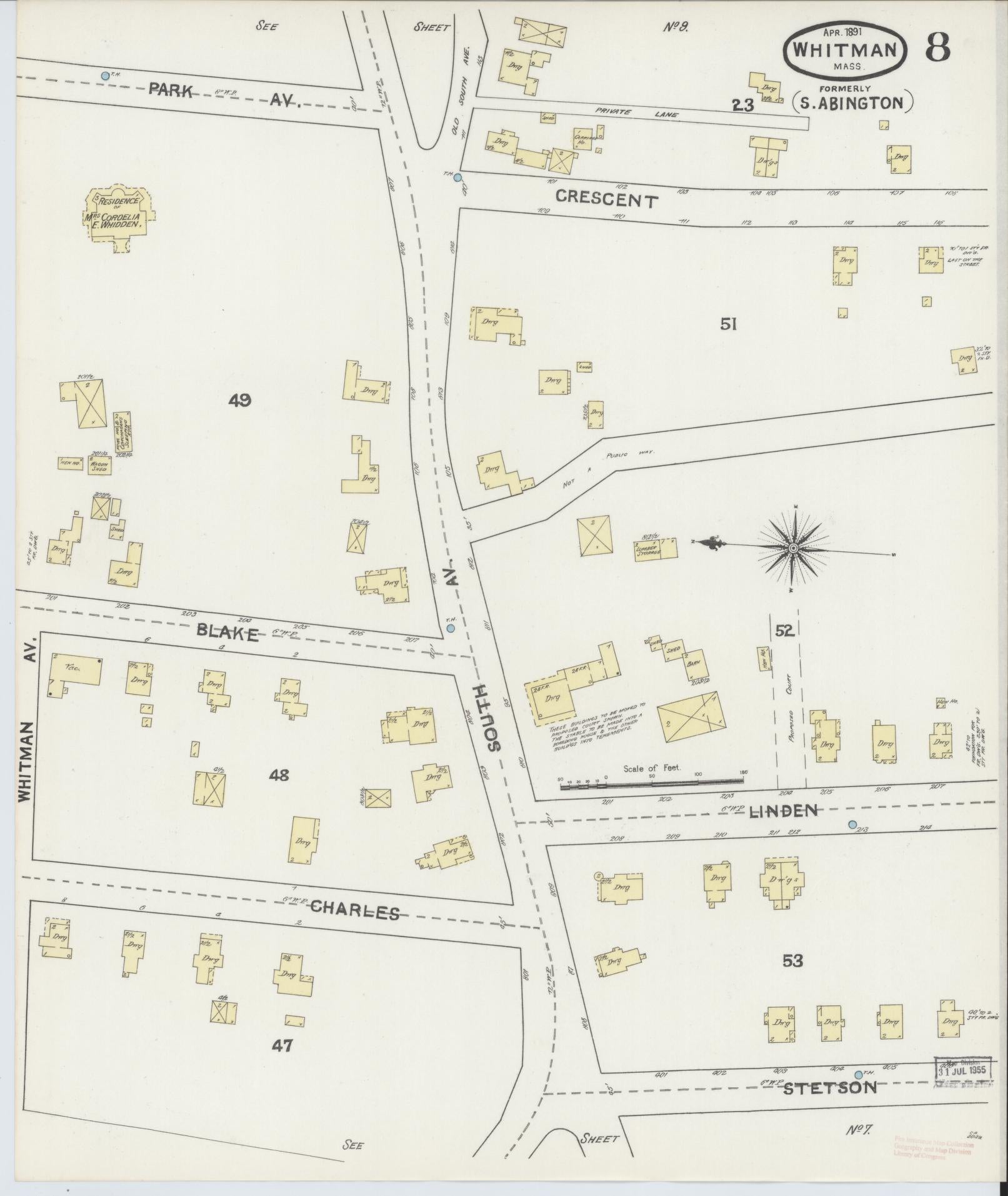 Sanborn Fire Insurance Map from Whitman, Plymouth County, Massachusetts (1891), Sheet #0008 - Complete Map Set gallery image, historic Sanborn map, vintage wall art, Massachusetts Massachusetts