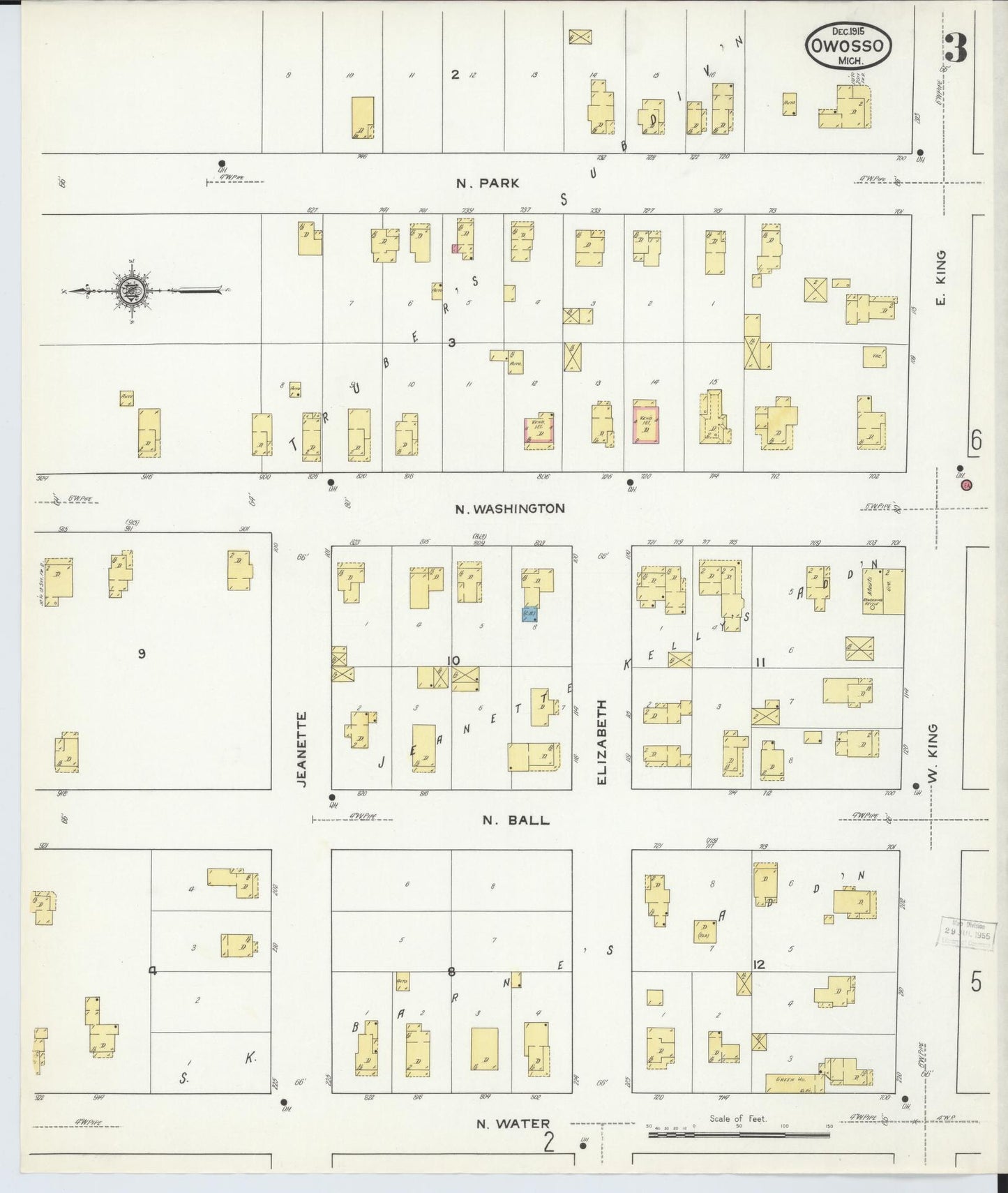 Sanborn Fire Insurance Map from Owosso, Shiawassee County, Michigan (1915), Sheet #0003 - Historic Sanborn Fire Insurance Map Print, vintage old map wall art, antique decor, genealogy gift, Michigan Michigan map