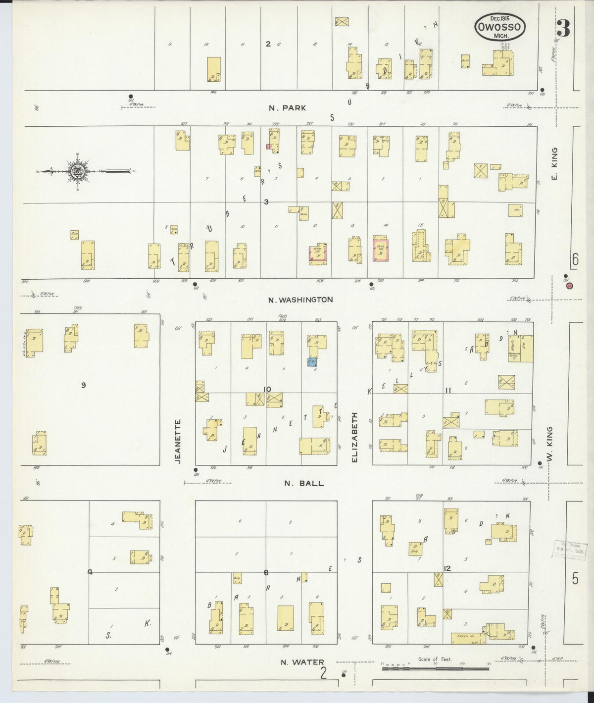 Sanborn Fire Insurance Map from Owosso, Shiawassee County, Michigan (1915), Sheet #0003 - Historic Sanborn Fire Insurance Map Print, vintage old map wall art, antique decor, genealogy gift, Michigan Michigan map