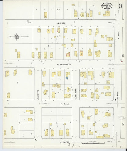 Sanborn Fire Insurance Map from Owosso, Shiawassee County, Michigan (1915), Sheet #0003 - Historic Sanborn Fire Insurance Map Print, vintage old map wall art, antique decor, genealogy gift, Michigan Michigan map