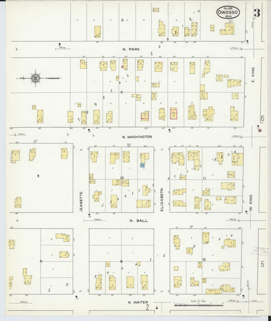 Sanborn Fire Insurance Map from Owosso, Shiawassee County, Michigan (1915), Sheet #0003 - Historic Sanborn Fire Insurance Map Print, vintage old map wall art, antique decor, genealogy gift, Michigan Michigan map