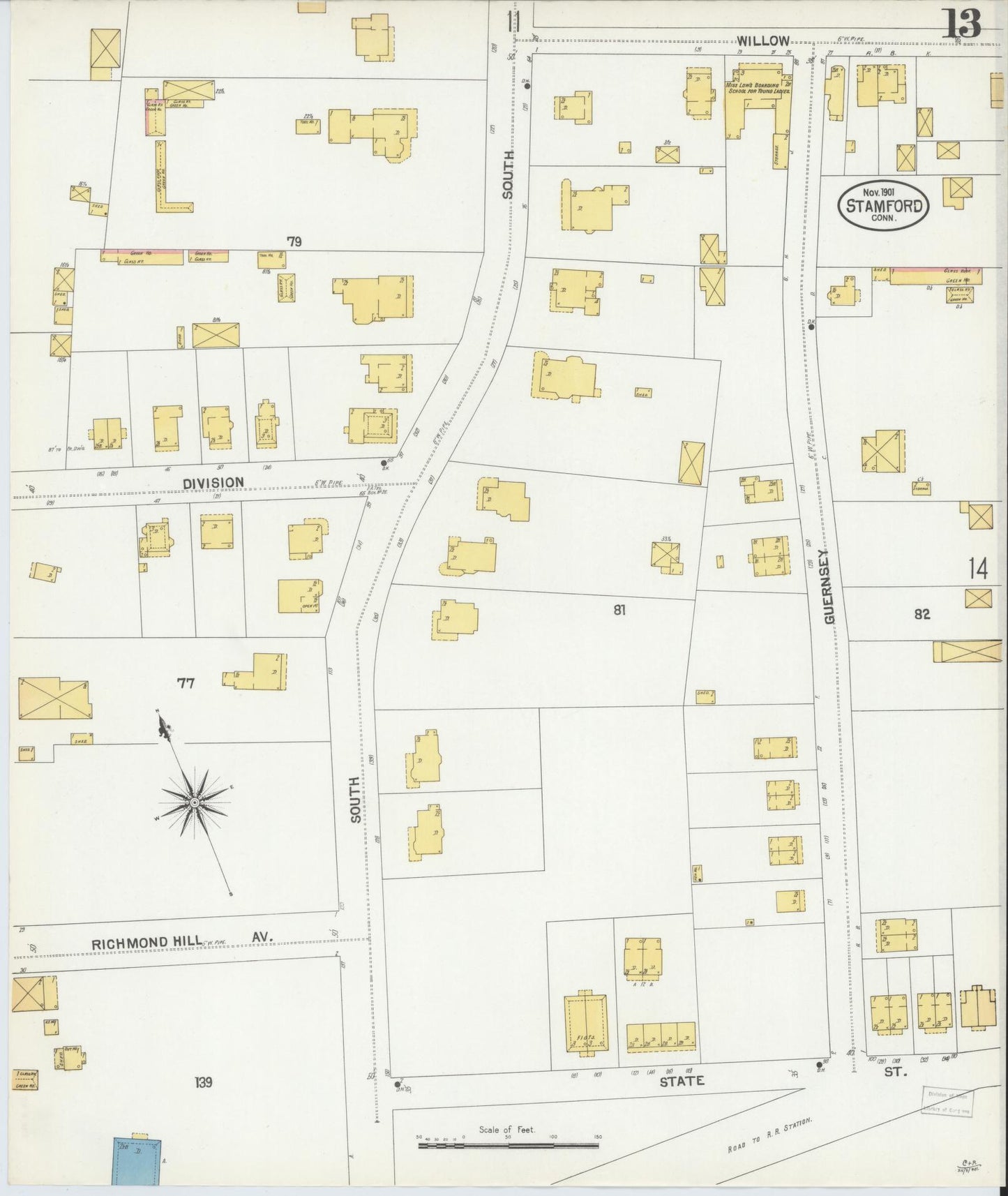Sanborn Fire Insurance Map from Stamford, Fairfield County, Connecticut (1901), Sheet #0013 - Complete Map Set gallery image, historic Sanborn map, vintage wall art, Connecticut Connecticut