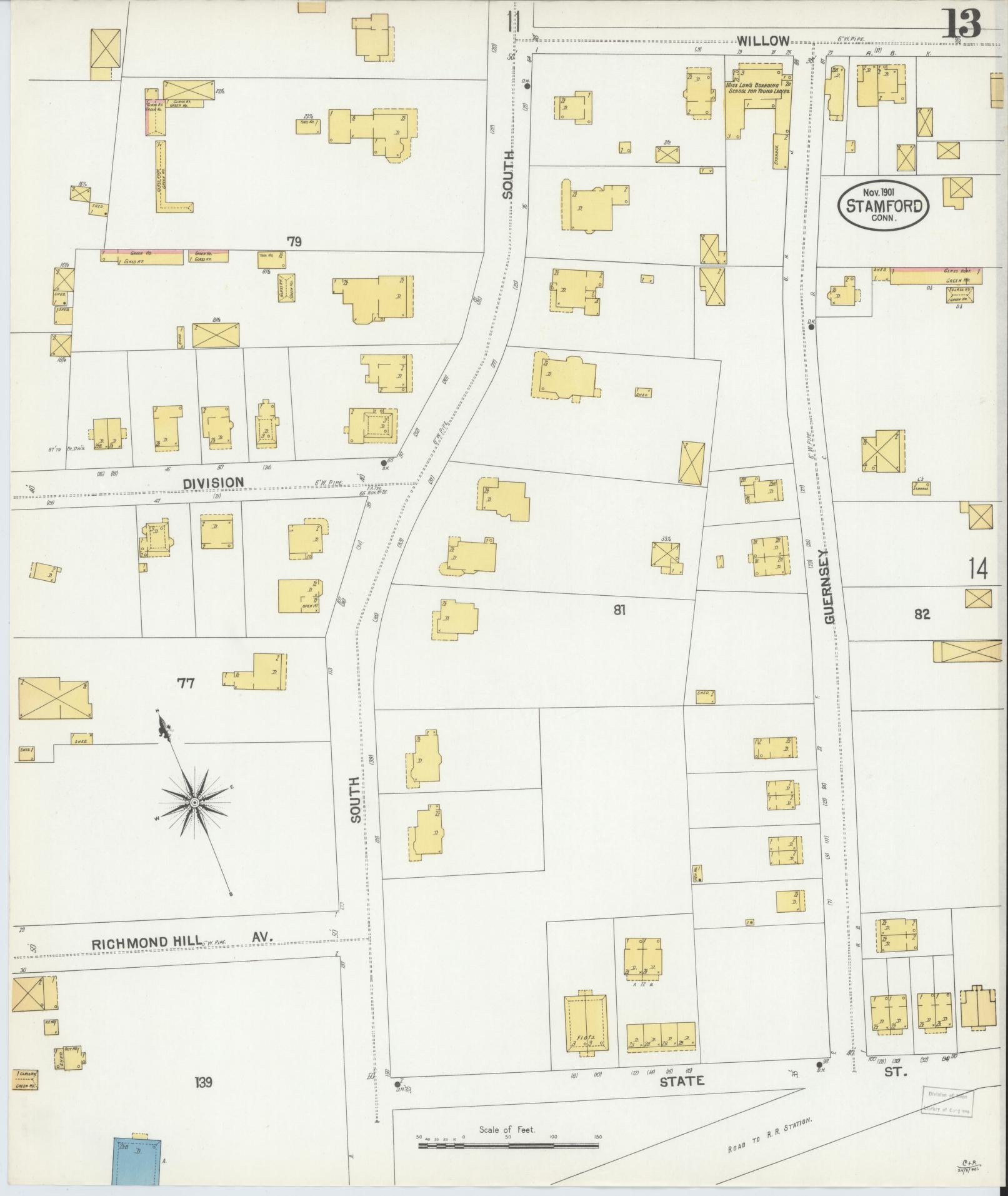 Sanborn Fire Insurance Map from Stamford, Fairfield County, Connecticut (1901), Sheet #0013 - Complete Map Set gallery image, historic Sanborn map, vintage wall art, Connecticut Connecticut